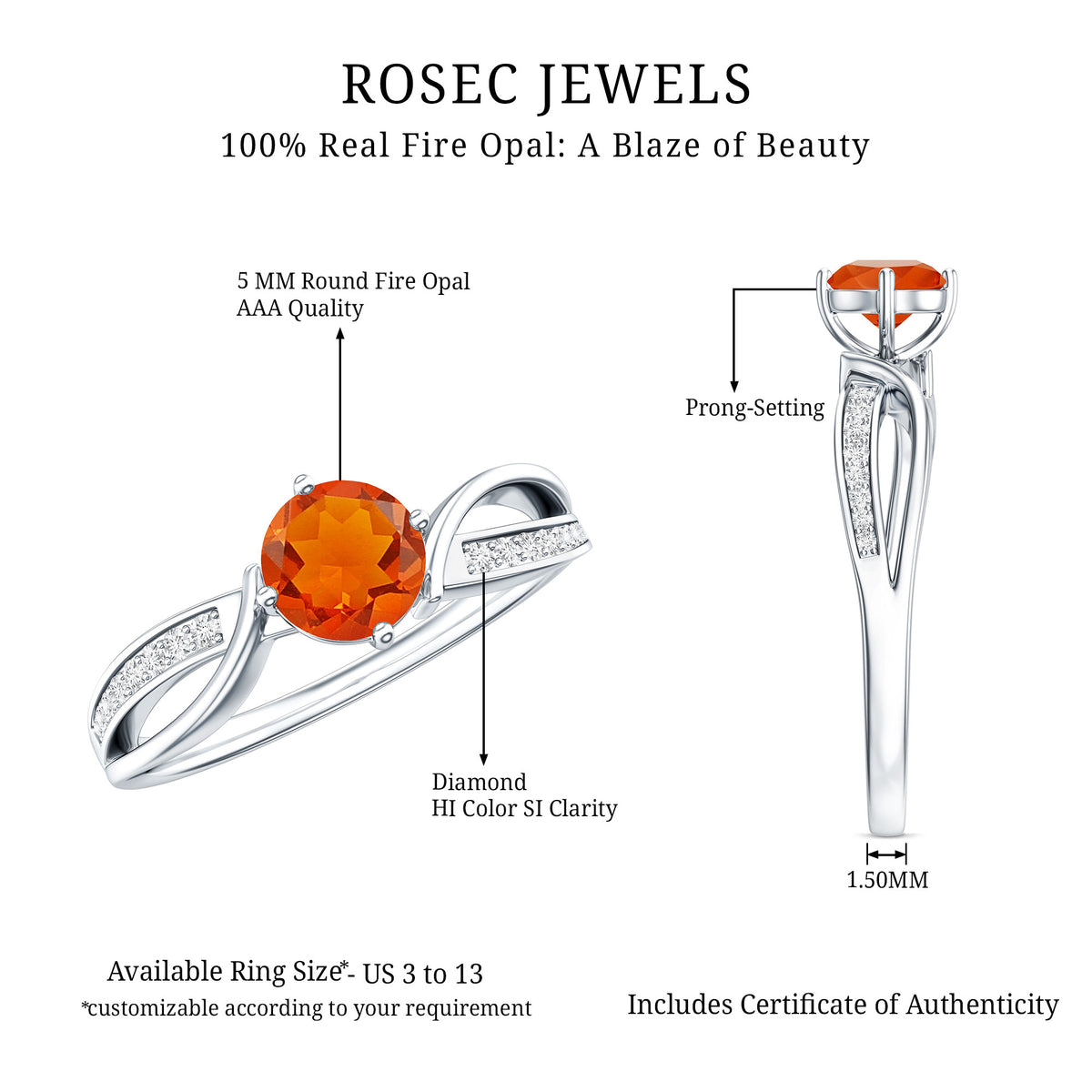 Orange Fire Opal Infinity Engagement Ring with Diamonds AAA - Rosec Jewels