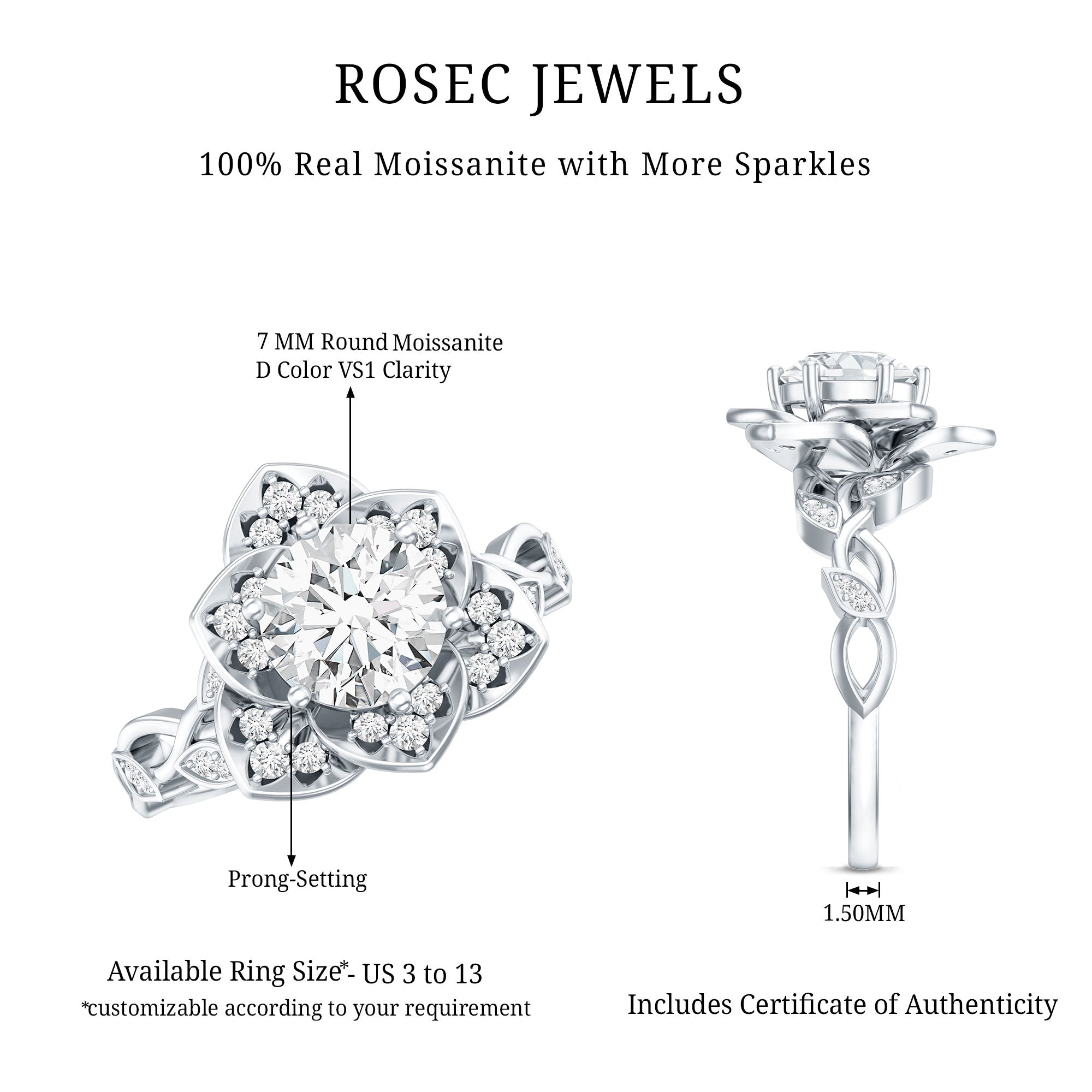 Nature Inspired Moissanite Flower Engagement Ring with Certificate D-VS1 - Rosec Jewels