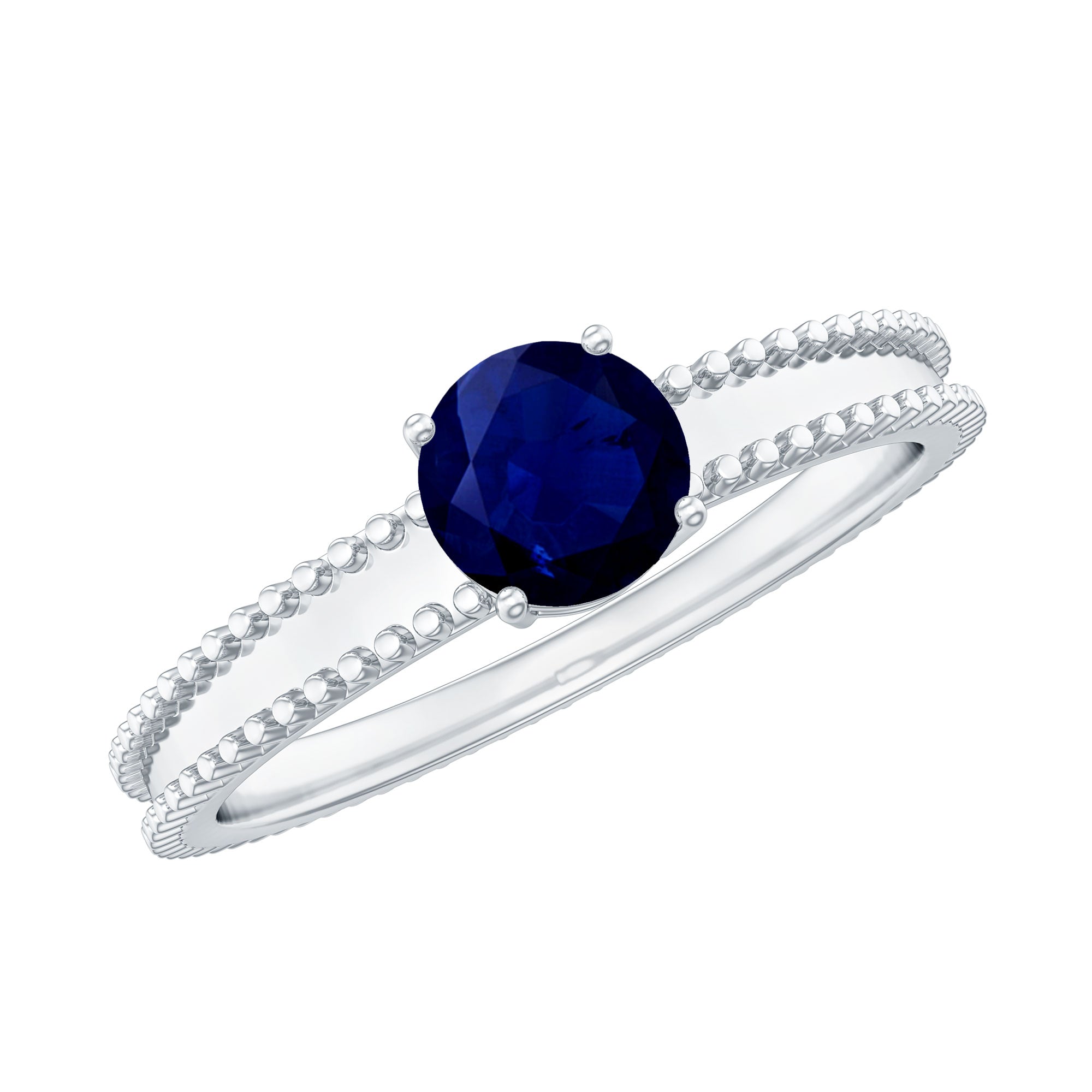 5 MM Solitaire Blue Sapphire Band Ring with Beaded Embellishment