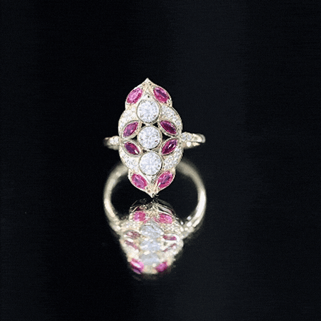 Certified Lab Grown Ruby Art Deco Statement Ring with Moissanite AAAA - Rosec Jewels