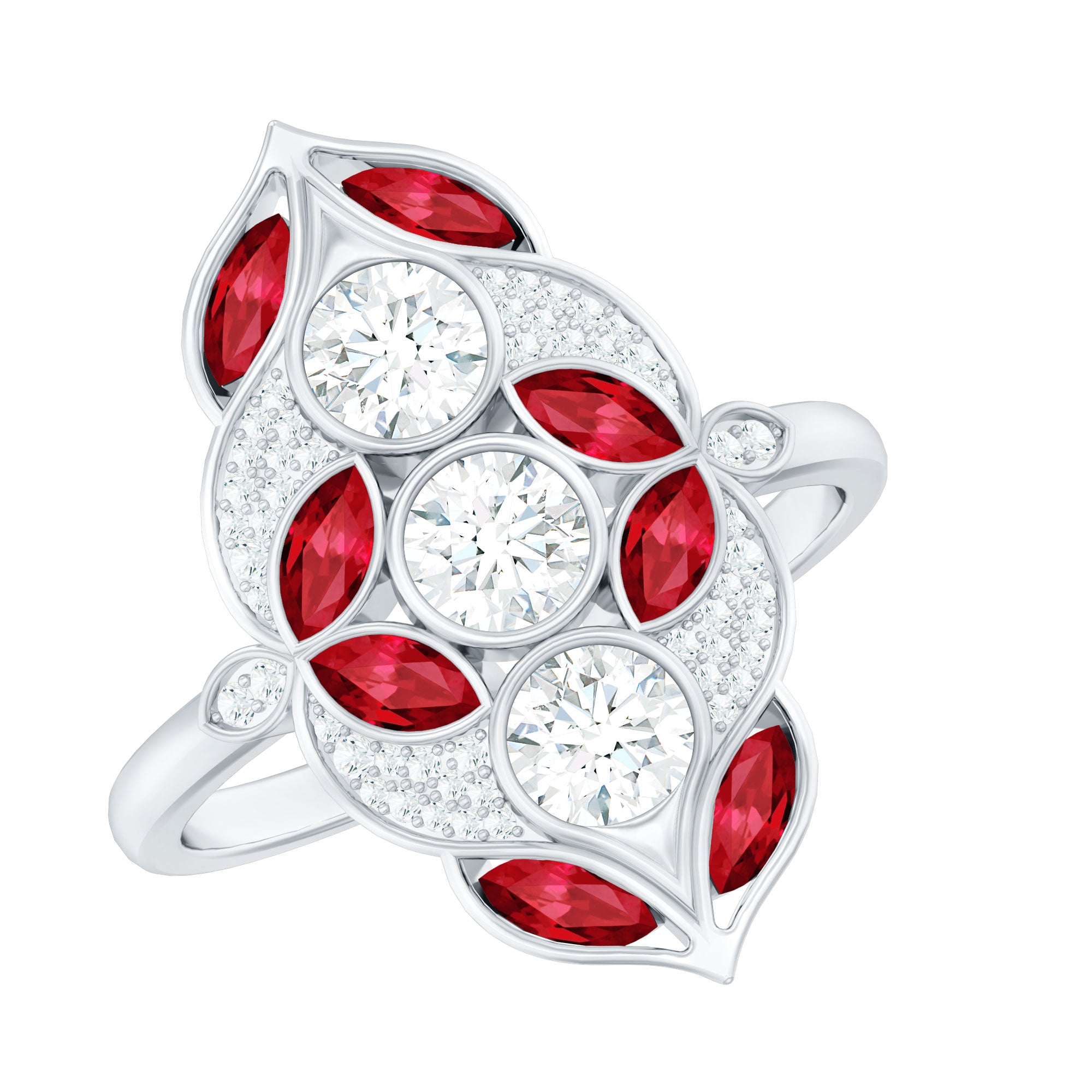 Certified Lab Grown Ruby Art Deco Statement Ring with Moissanite
