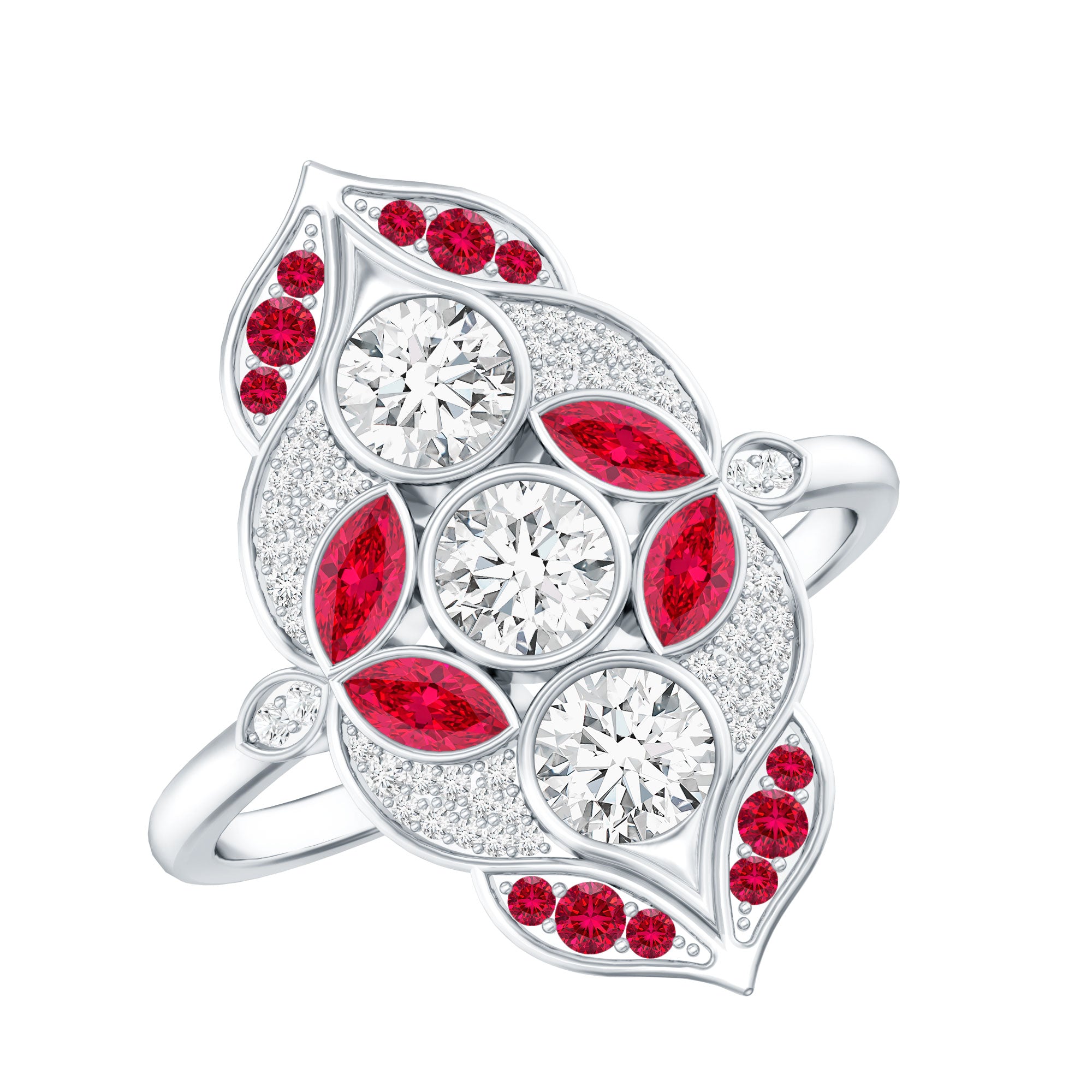 Certified Lab Grown Ruby Art Deco Statement Ring with Moissanite AAAA - Rosec Jewels