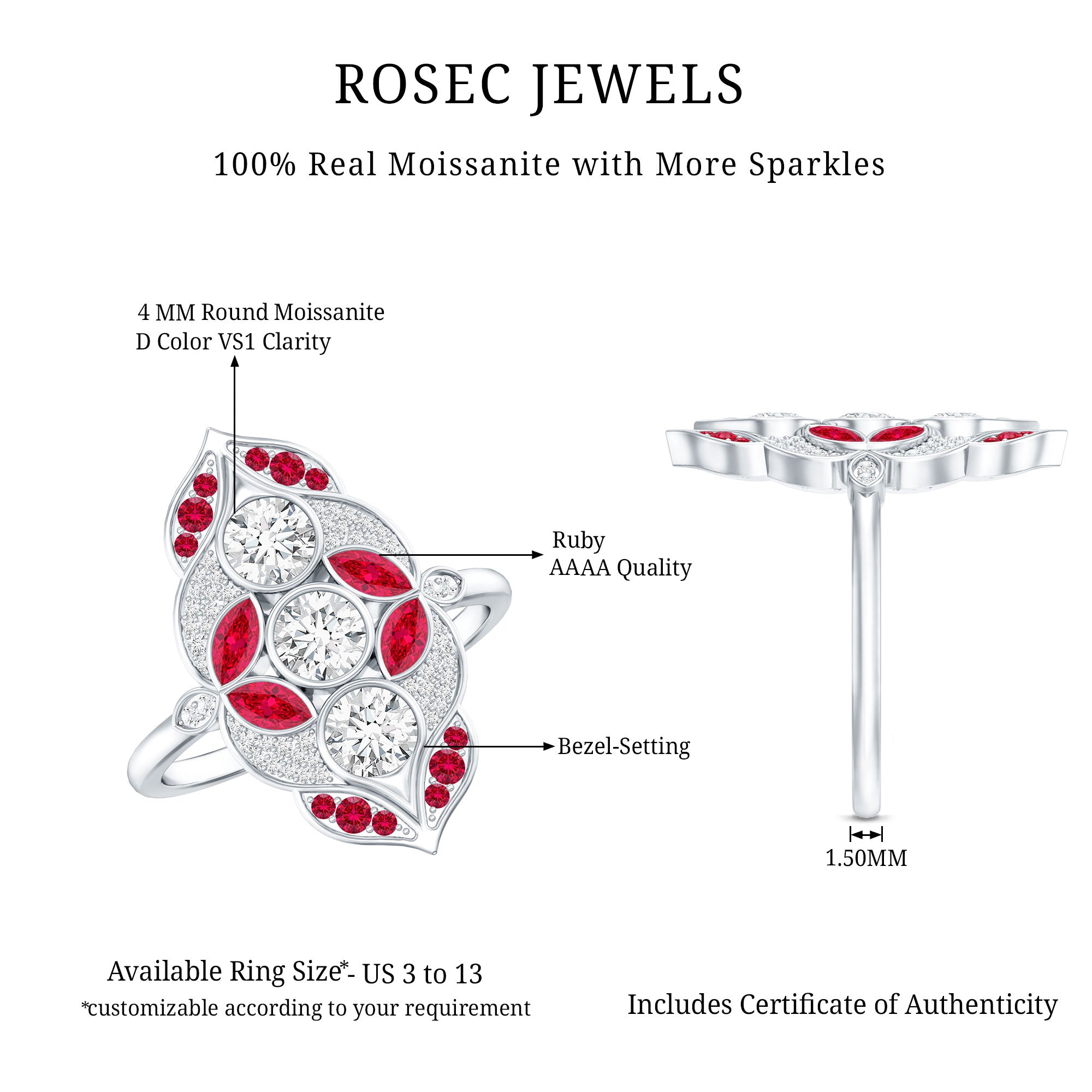 Certified Lab Grown Ruby Art Deco Statement Ring with Moissanite AAAA - Rosec Jewels