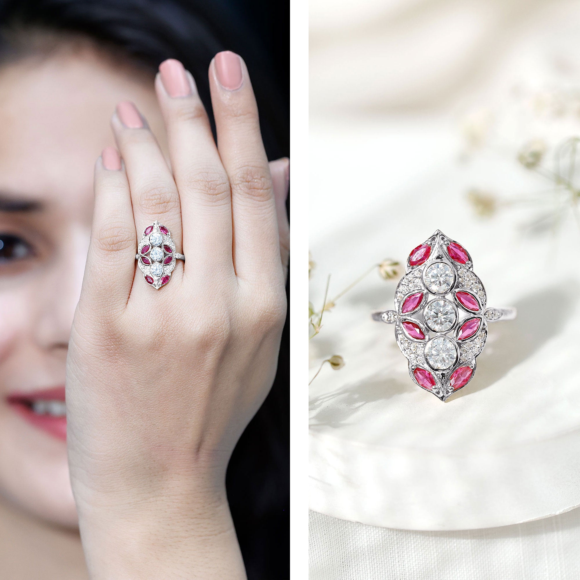 Certified Lab Grown Ruby Art Deco Statement Ring with Moissanite AAAA - Rosec Jewels