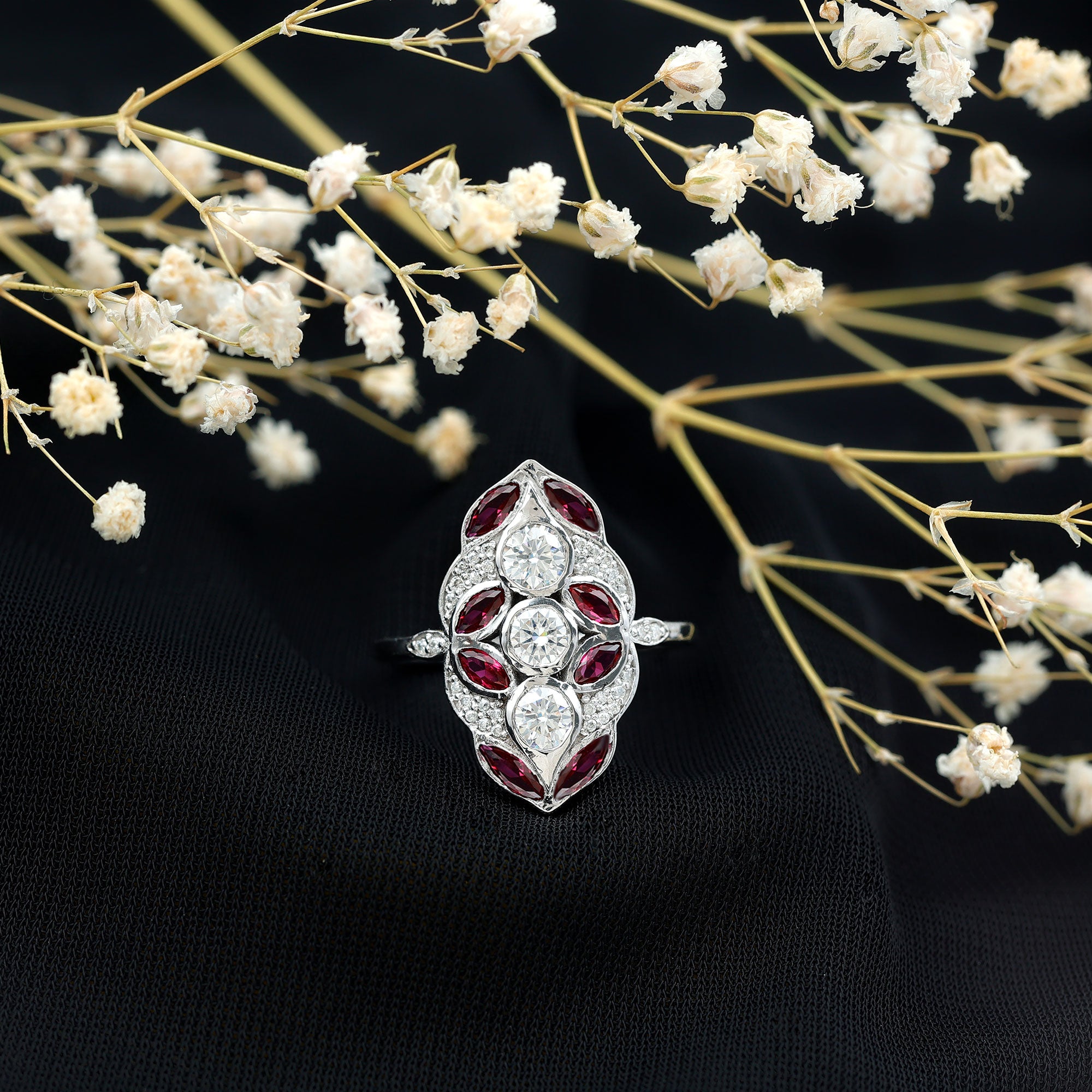 Certified Lab Grown Ruby Art Deco Statement Ring with Moissanite AAAA - Rosec Jewels