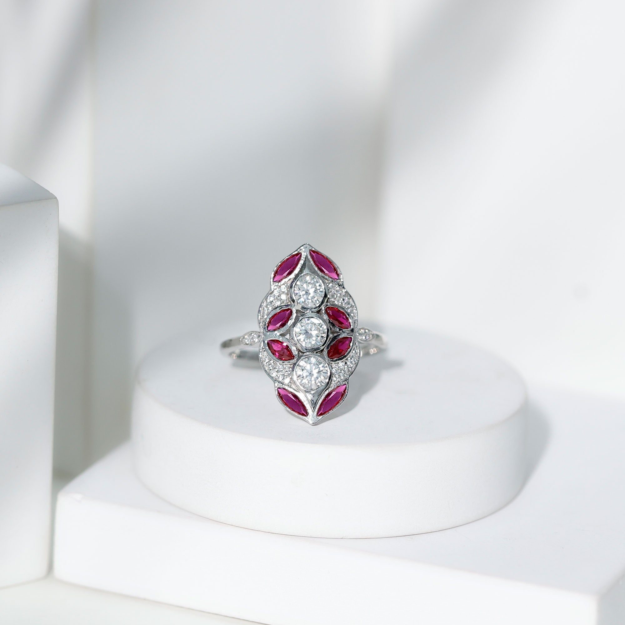 Certified Lab Grown Ruby Art Deco Statement Ring with Moissanite AAAA - Rosec Jewels