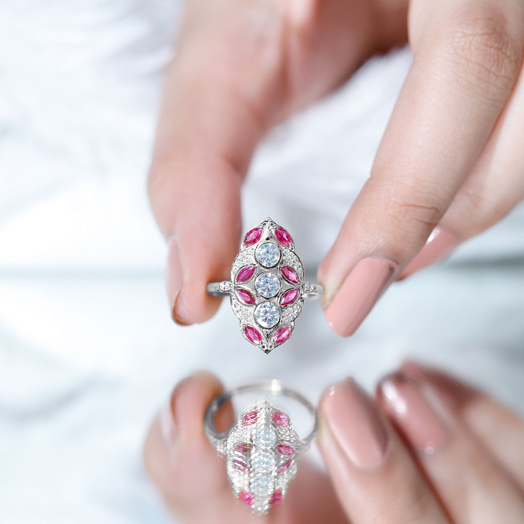 Certified Lab Grown Ruby Art Deco Statement Ring with Moissanite AAAA - Rosec Jewels