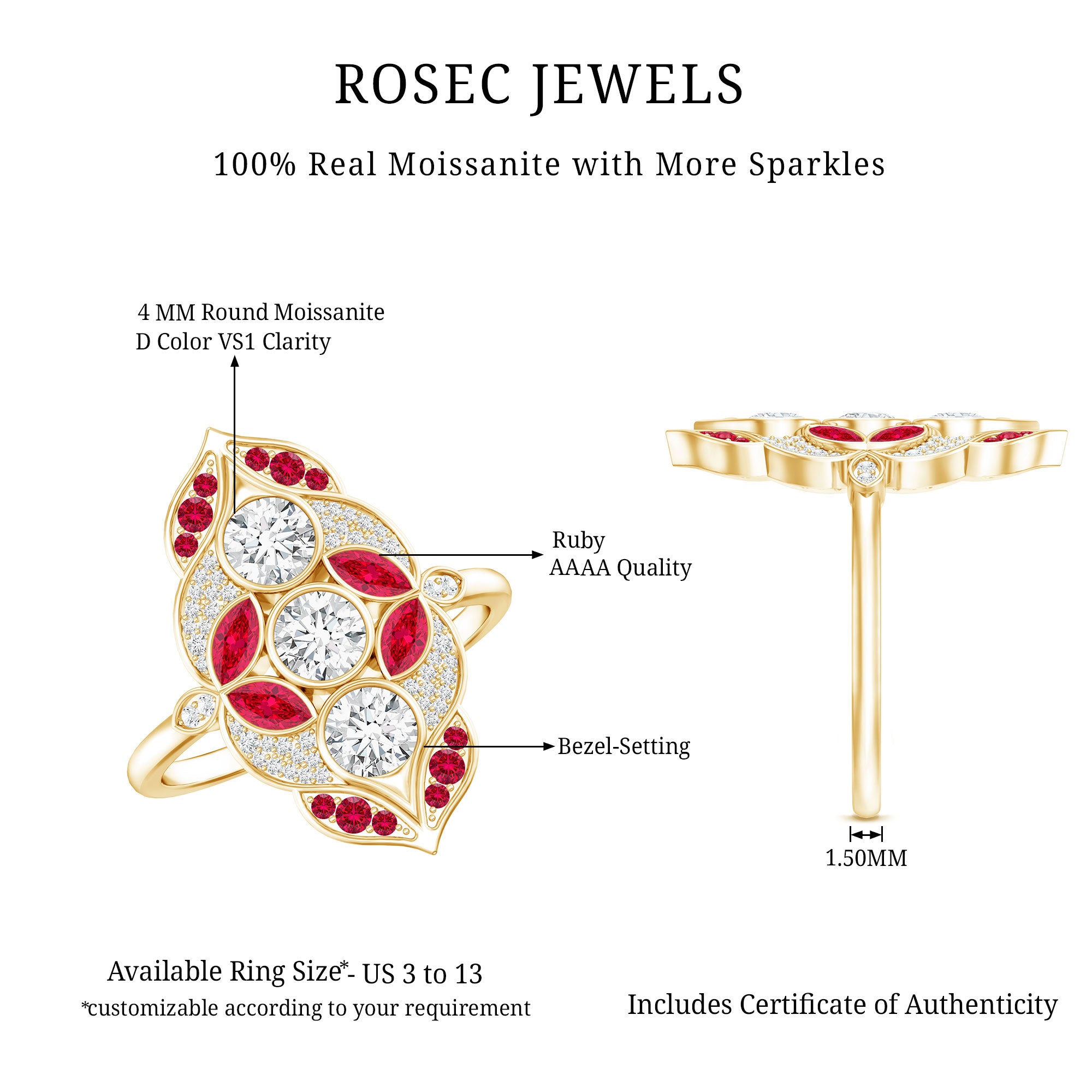 Certified Lab Grown Ruby Art Deco Statement Ring with Moissanite AAAA - Rosec Jewels