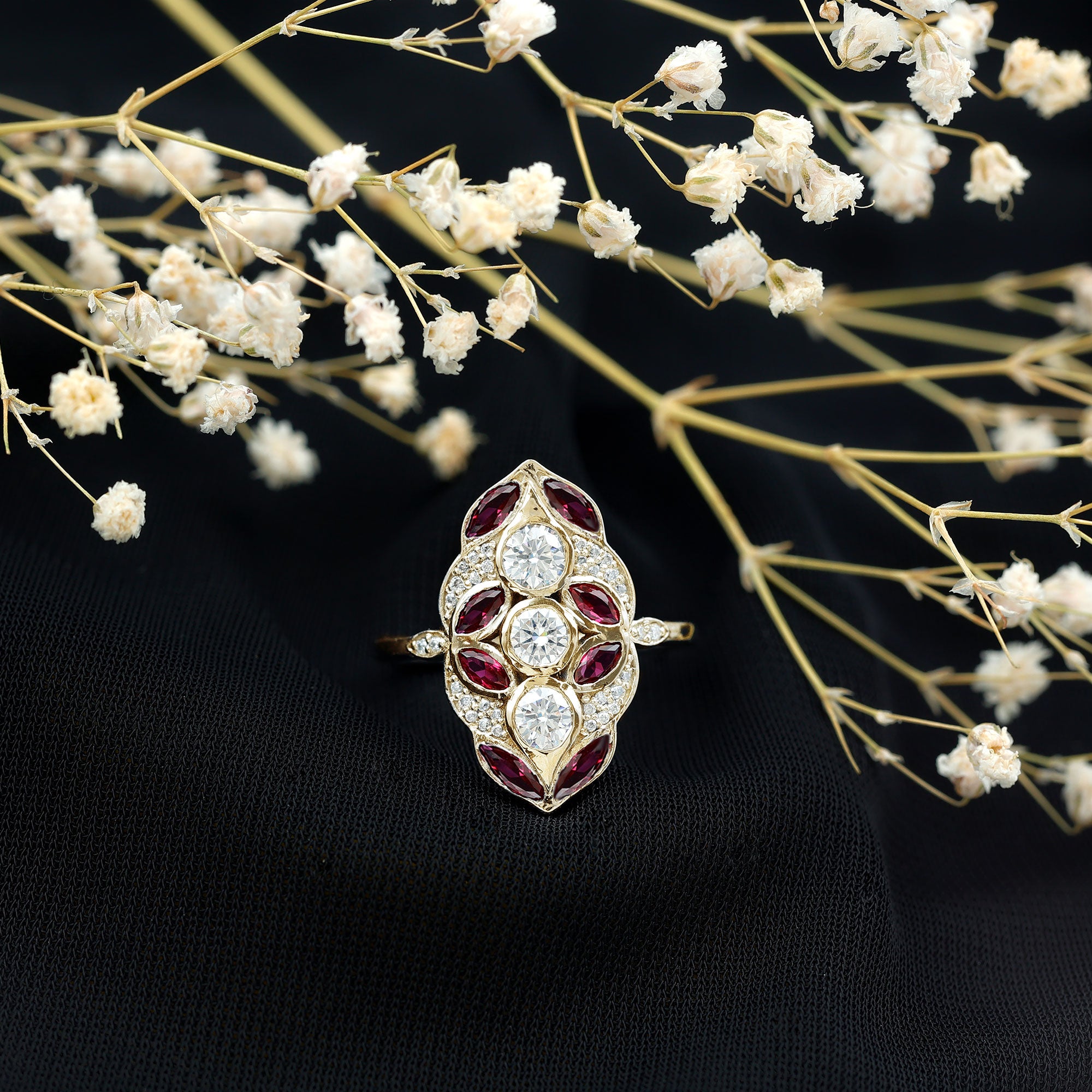 Certified Lab Grown Ruby Art Deco Statement Ring with Moissanite AAAA - Rosec Jewels