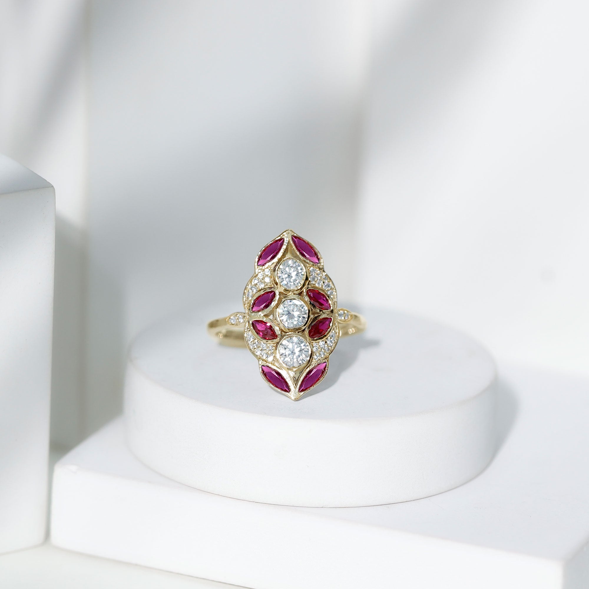 Certified Lab Grown Ruby Art Deco Statement Ring with Moissanite AAAA - Rosec Jewels