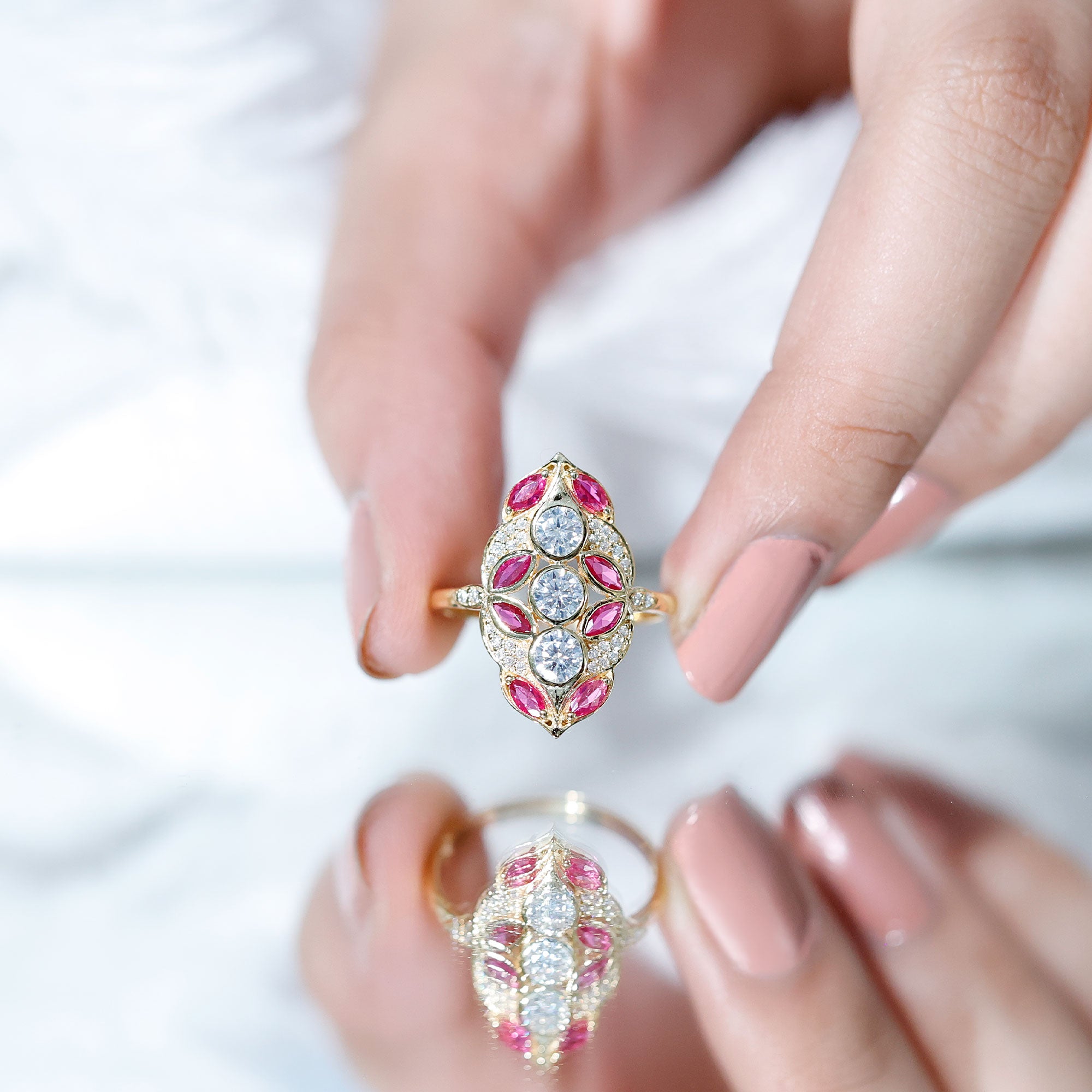 Certified Lab Grown Ruby Art Deco Statement Ring with Moissanite AAAA - Rosec Jewels