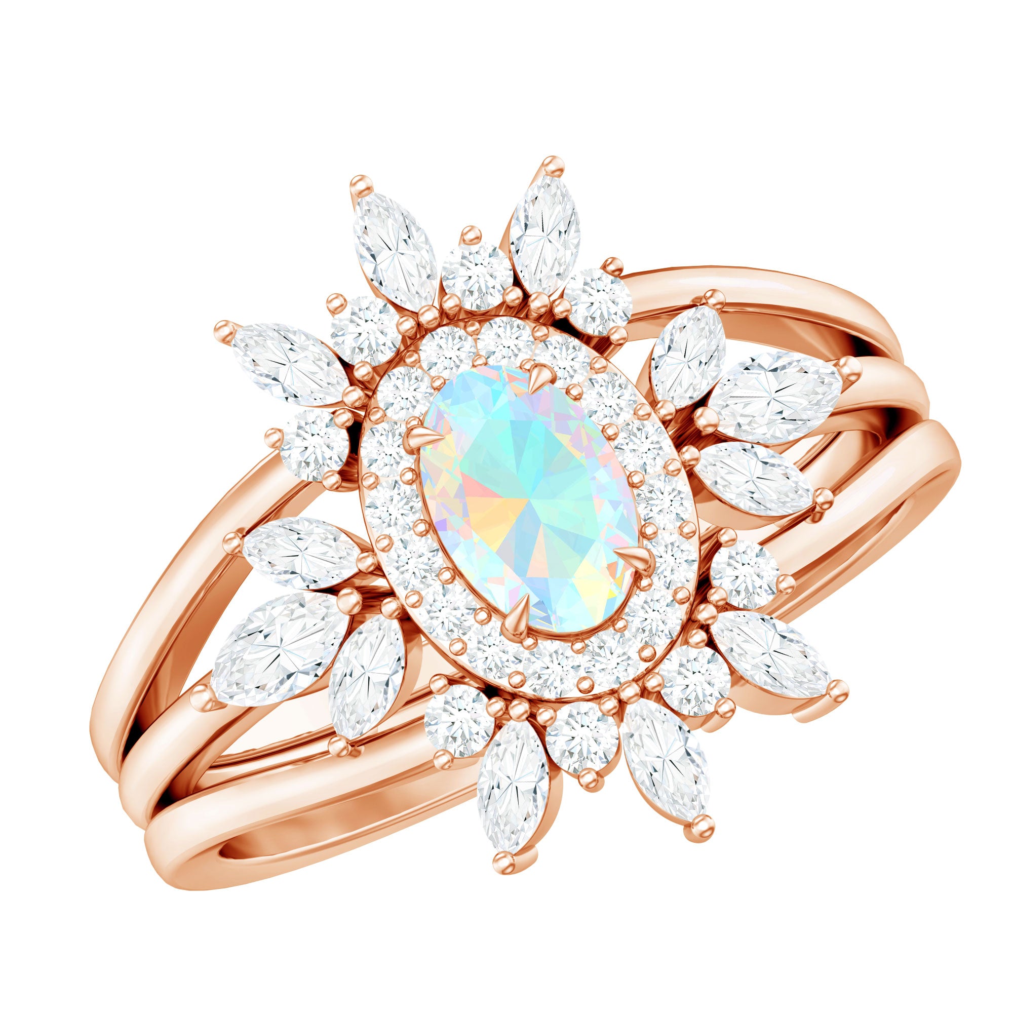 0.9 Carat Natural Certified Ethiopian Opal Engagement Ring Set of 3 AAA - Rosec Jewels