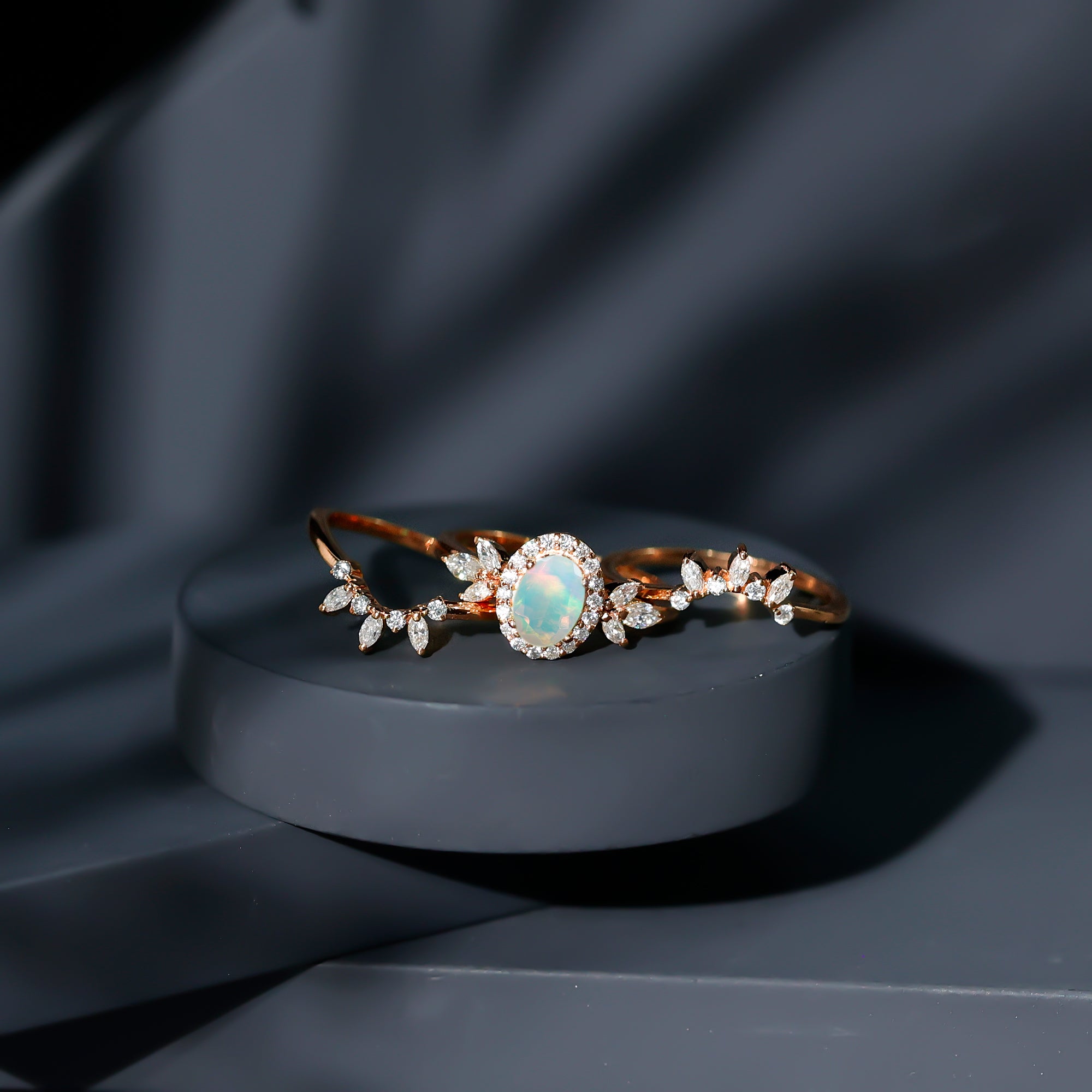 0.9 Carat Natural Certified Ethiopian Opal Engagement Ring Set of 3 AAA - Rosec Jewels
