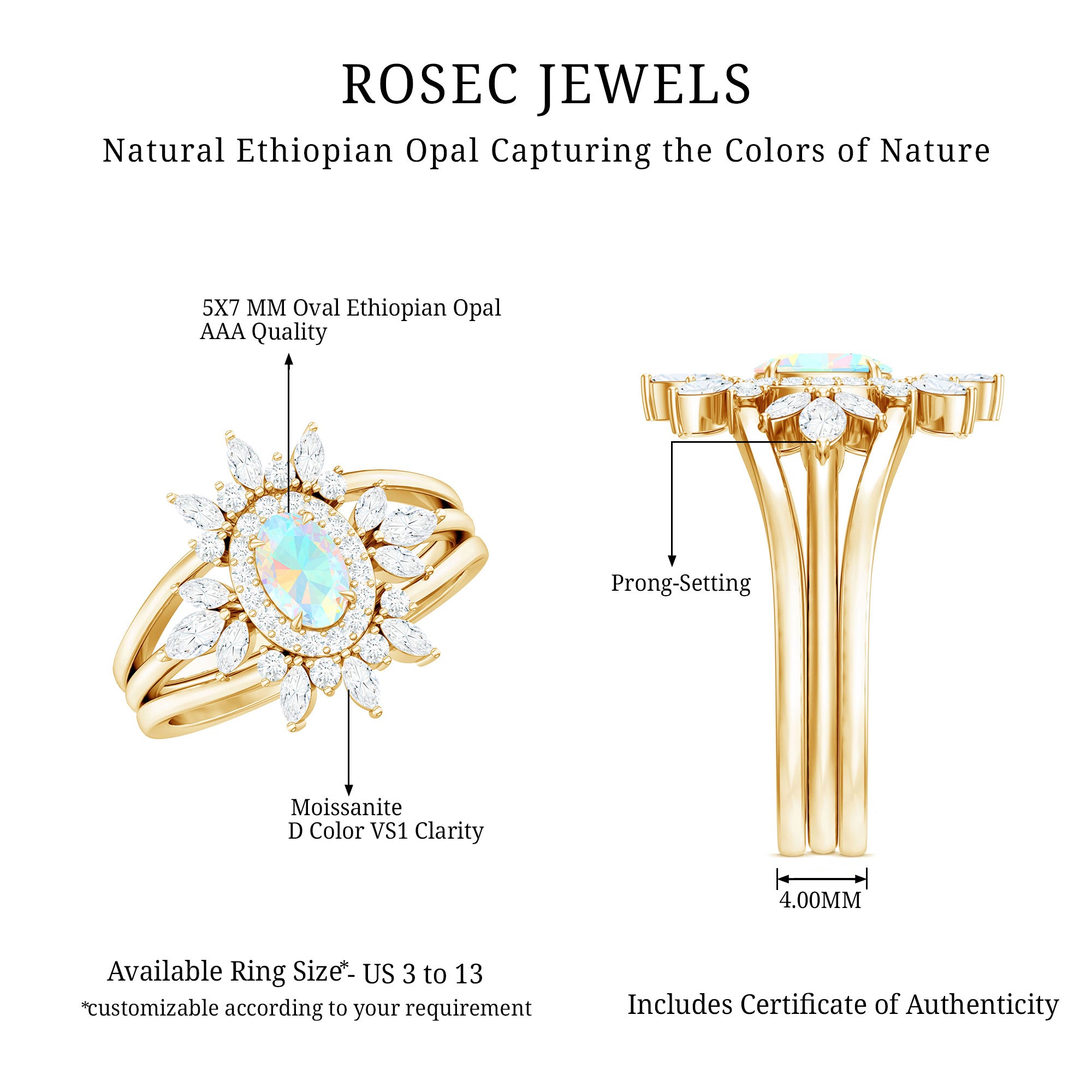 0.9 Carat Natural Certified Ethiopian Opal Engagement Ring Set of 3 AAA - Rosec Jewels