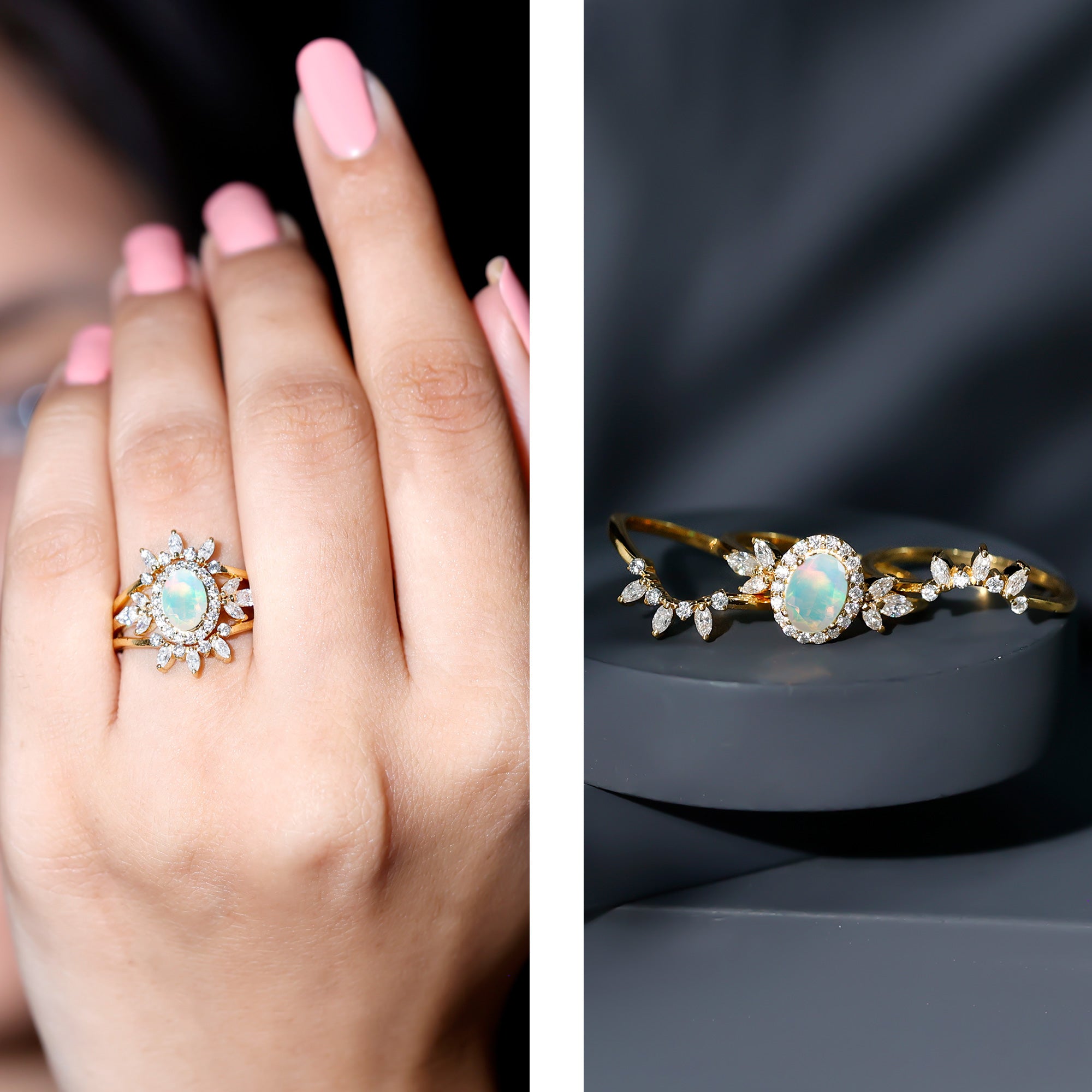 0.9 Carat Natural Certified Ethiopian Opal Engagement Ring Set of 3 AAA - Rosec Jewels