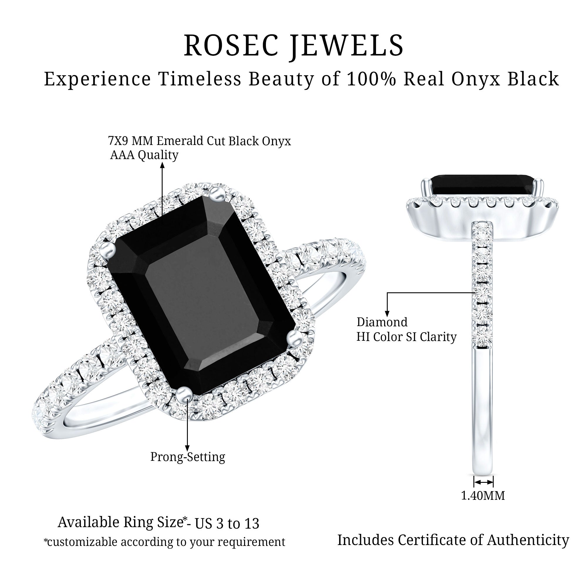 Emerald Cut 7X9MM Black Onyx and Diamond Engagement Ring AAA - Rosec Jewels