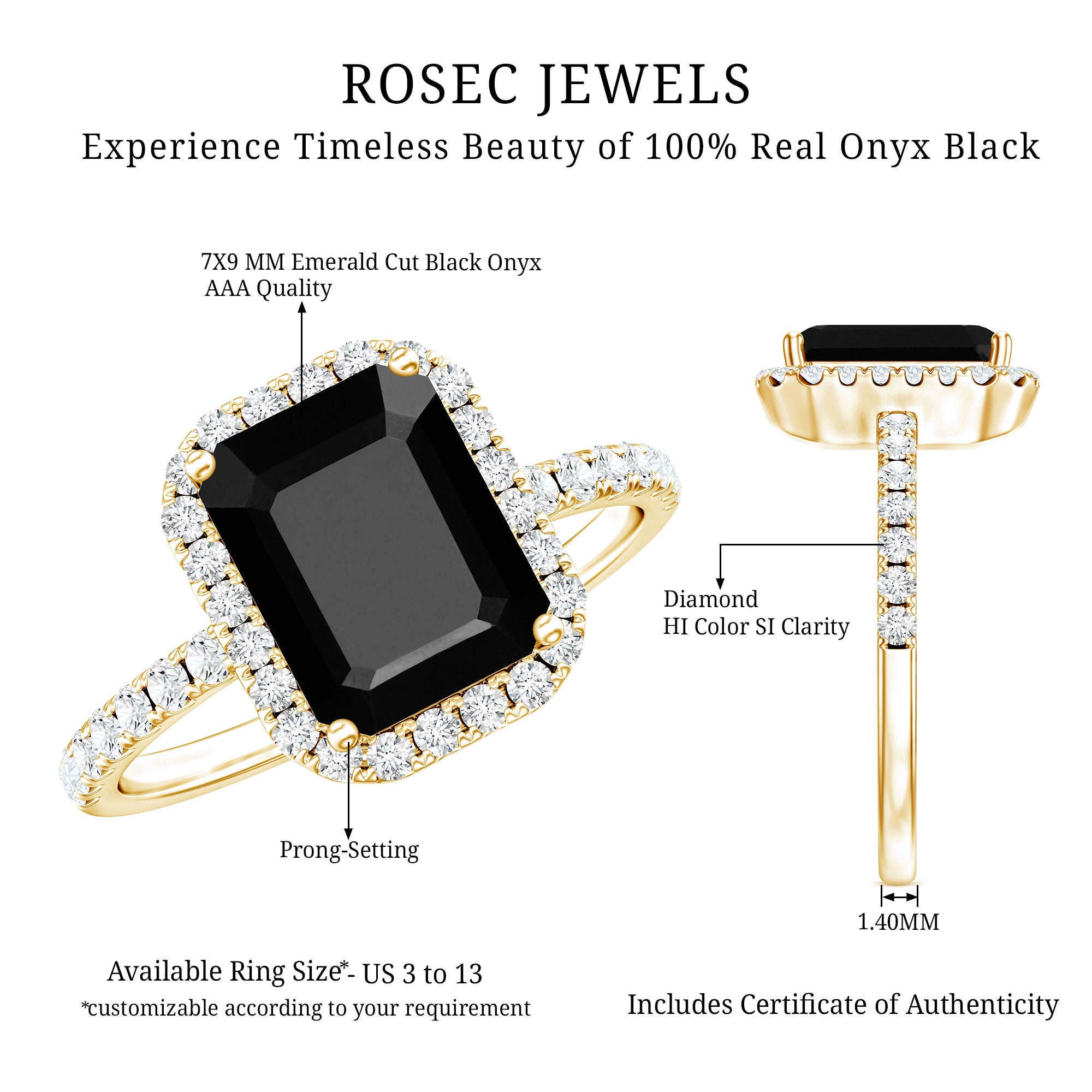 Emerald Cut 7X9MM Black Onyx and Diamond Engagement Ring AAA - Rosec Jewels