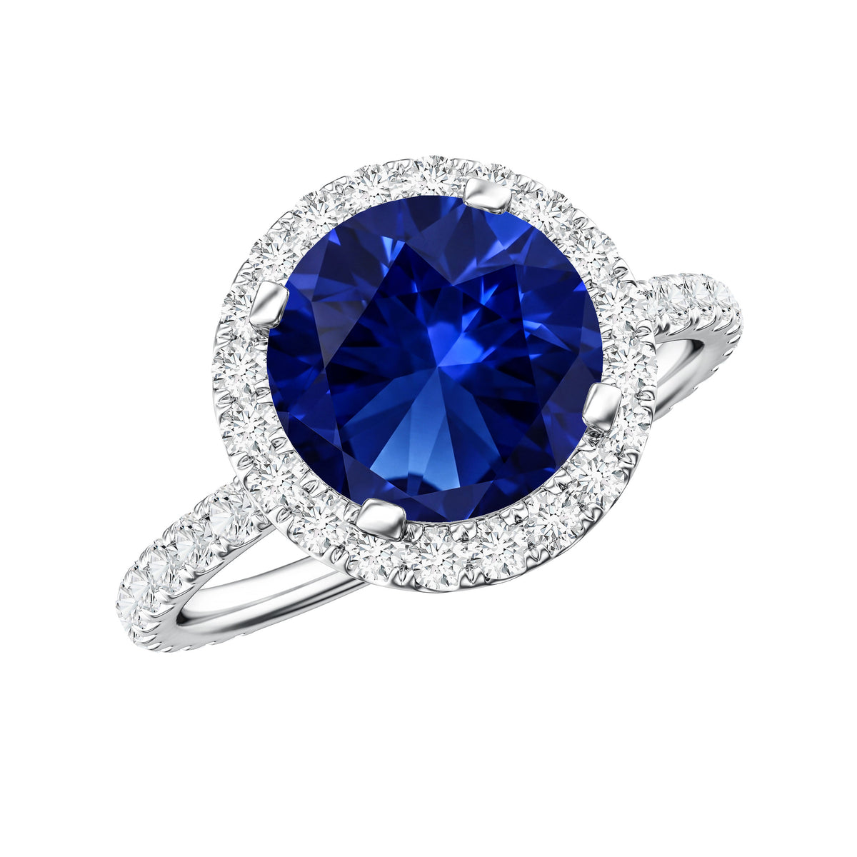 Certified 2.7 Carat Lab Grown Blue Sapphire Halo Engagement Ring with Moissanite AAAA - Rosec Jewels