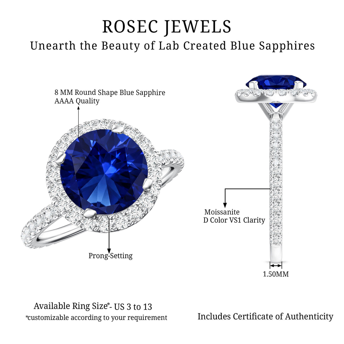 Certified 2.7 Carat Lab Grown Blue Sapphire Halo Engagement Ring with Moissanite AAAA - Rosec Jewels