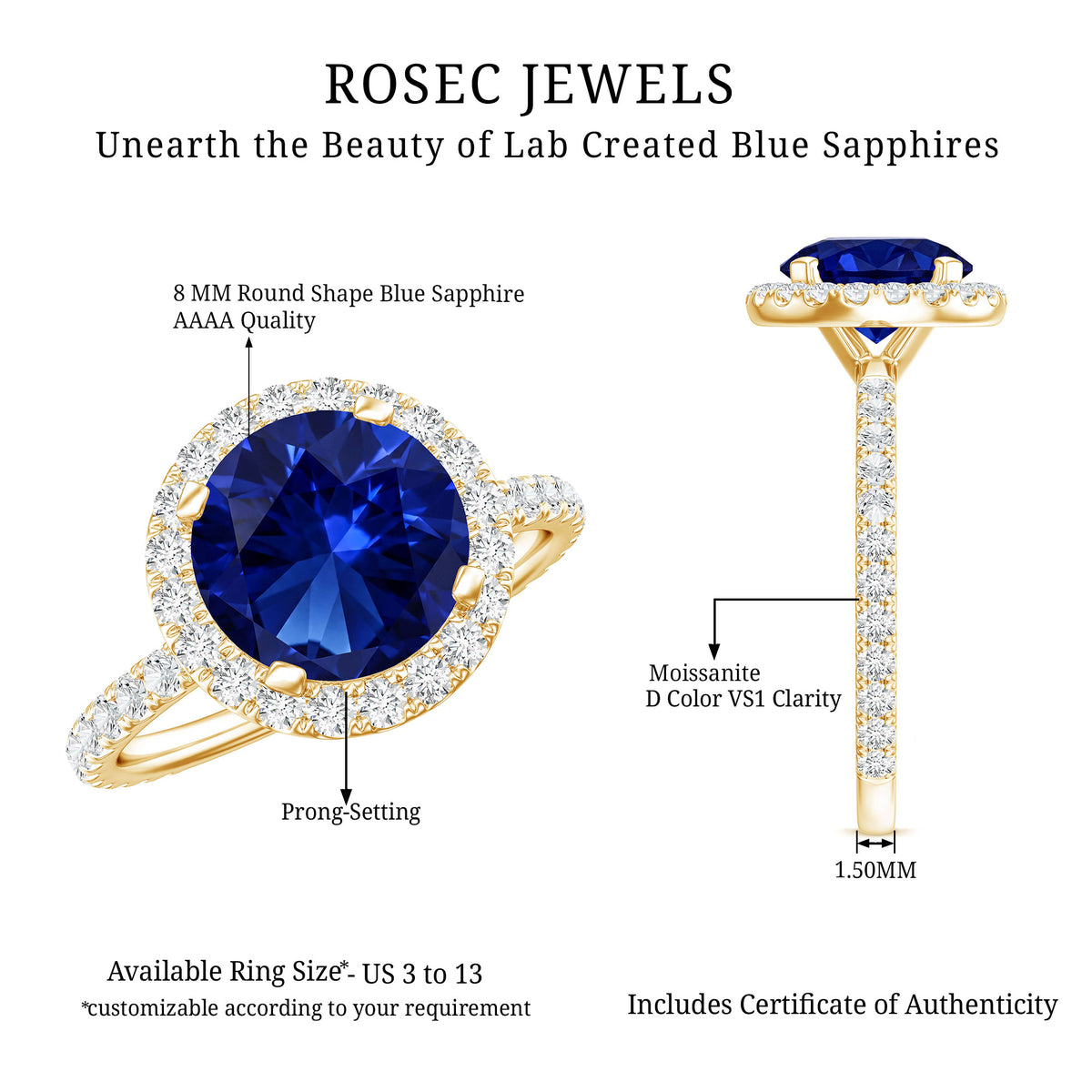 Certified 2.7 Carat Lab Grown Blue Sapphire Halo Engagement Ring with Moissanite AAAA - Rosec Jewels