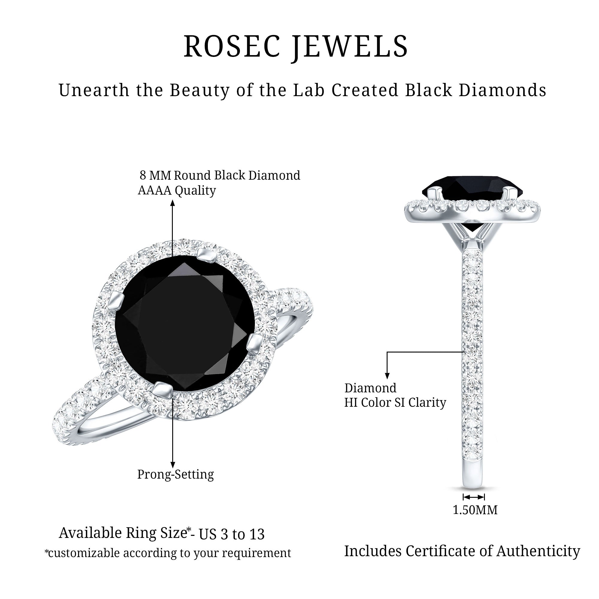 Certified 2 Carat Lab Grown Black and White Diamond Engagement Ring with Halo AAAA ( Synthetic ) - Rosec Jewels
