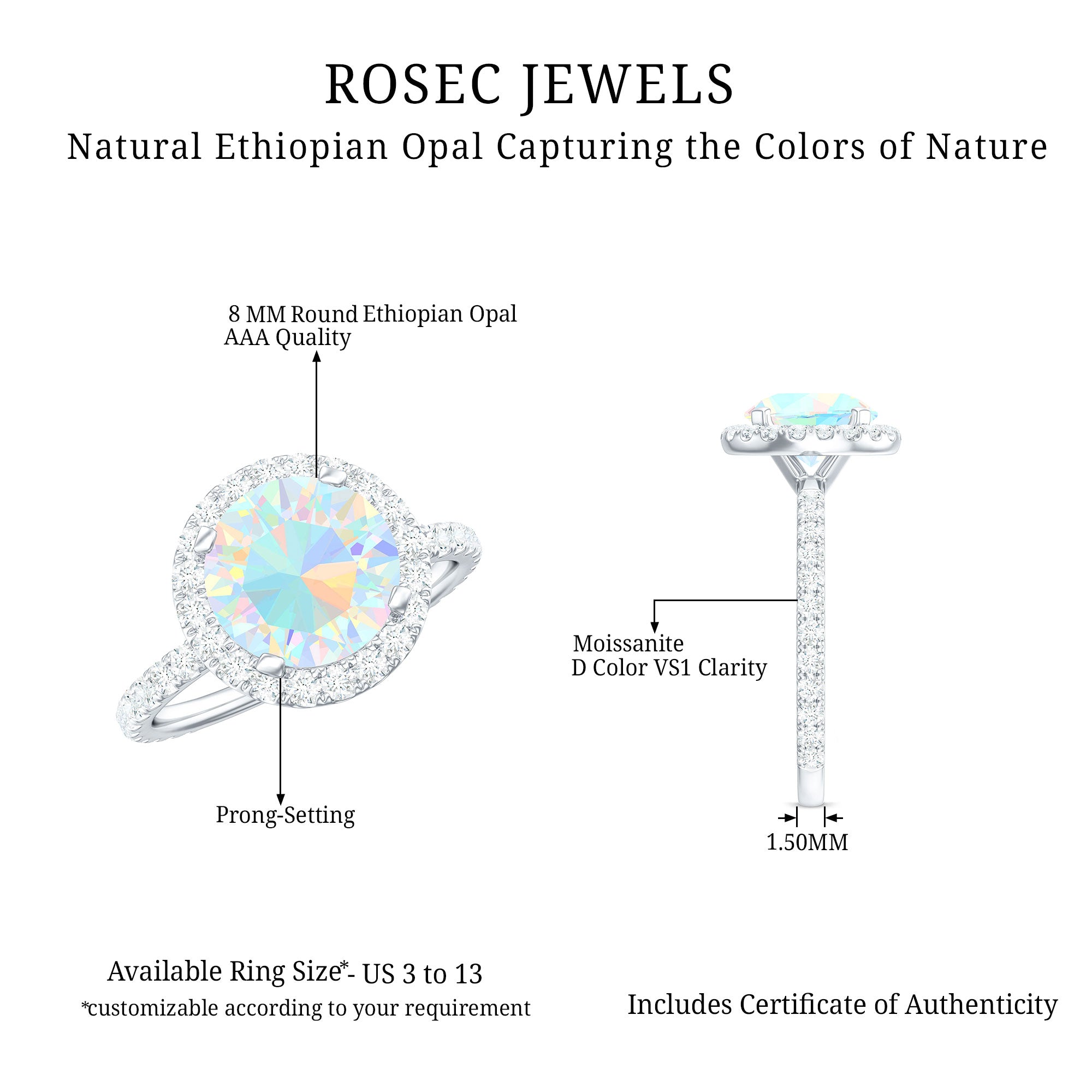 Certified Genuine 8mm Ethiopian Opal Engagement Ring with Halo AAA - Rosec Jewels