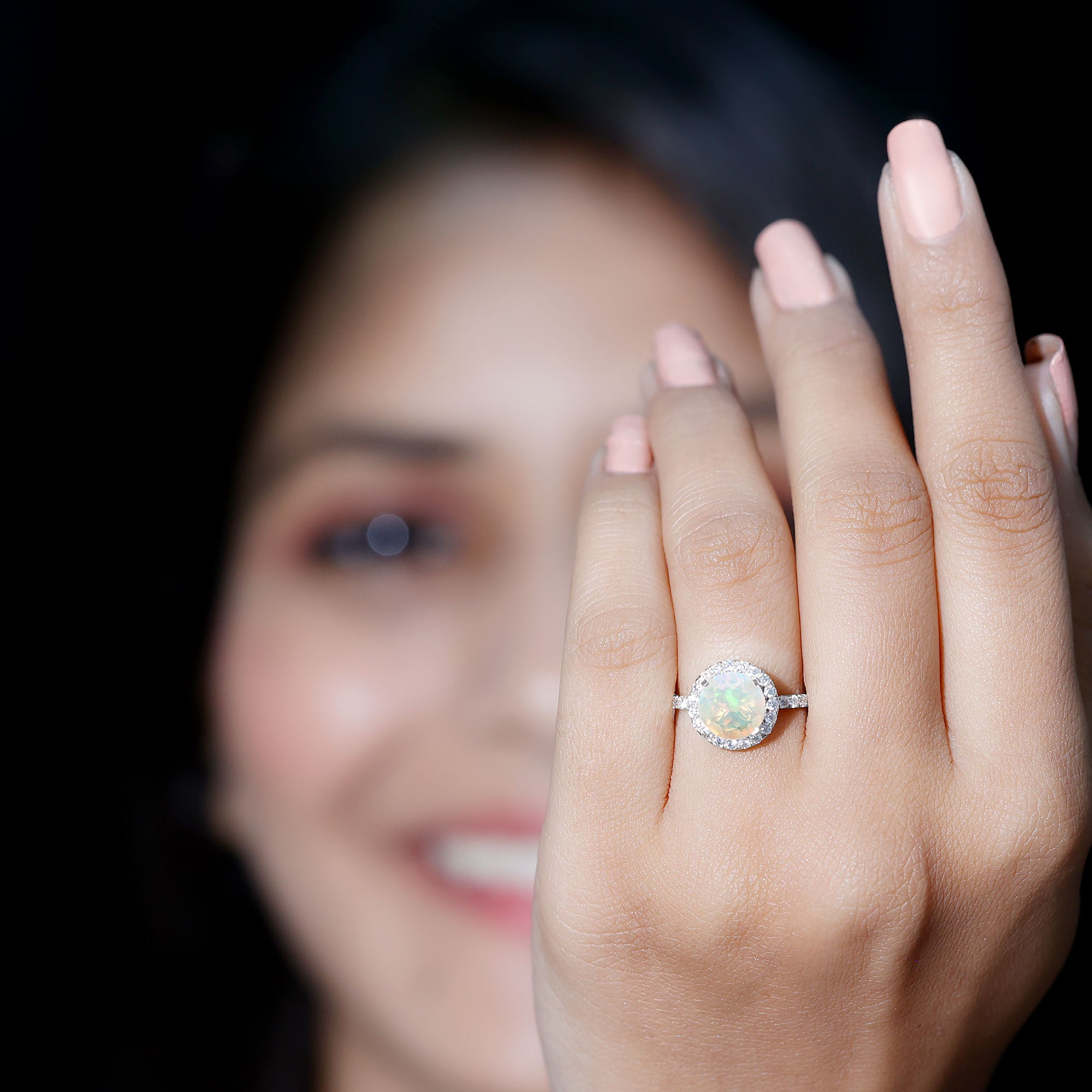 Certified Genuine 8mm Ethiopian Opal Engagement Ring with Halo AAA - Rosec Jewels