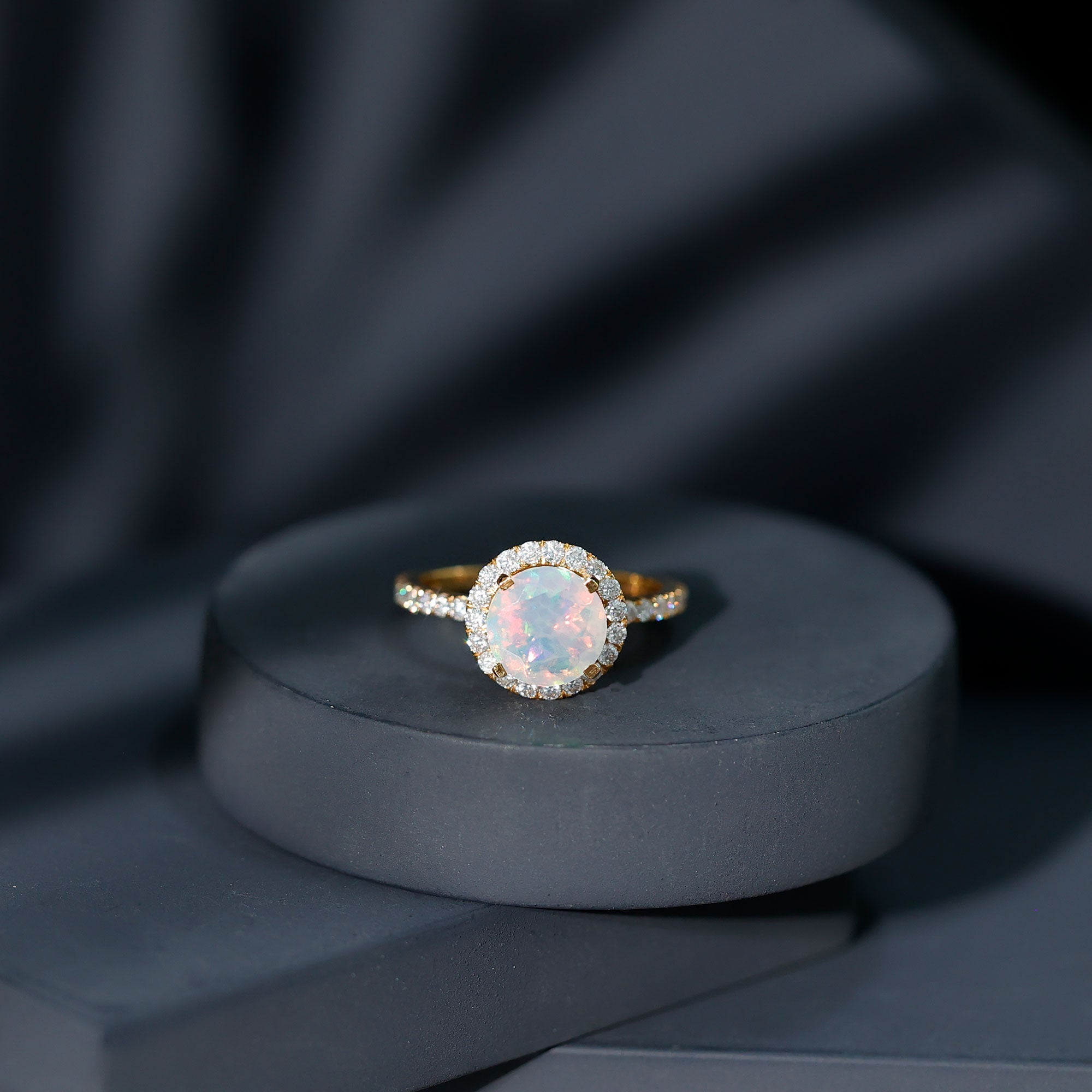 Certified Genuine 8mm Ethiopian Opal Engagement Ring with Halo AAA - Rosec Jewels