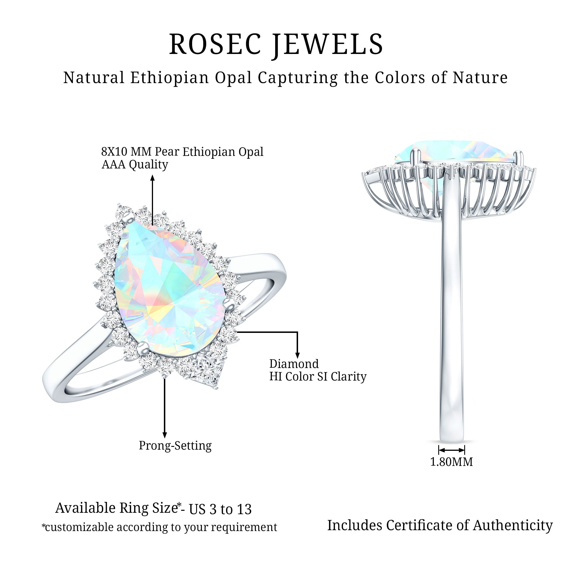 Certified Real 2 Carat Ethiopian Rainbow Opal Teardrop Engagement Ring with Diamond Halo AAA - Rosec Jewels