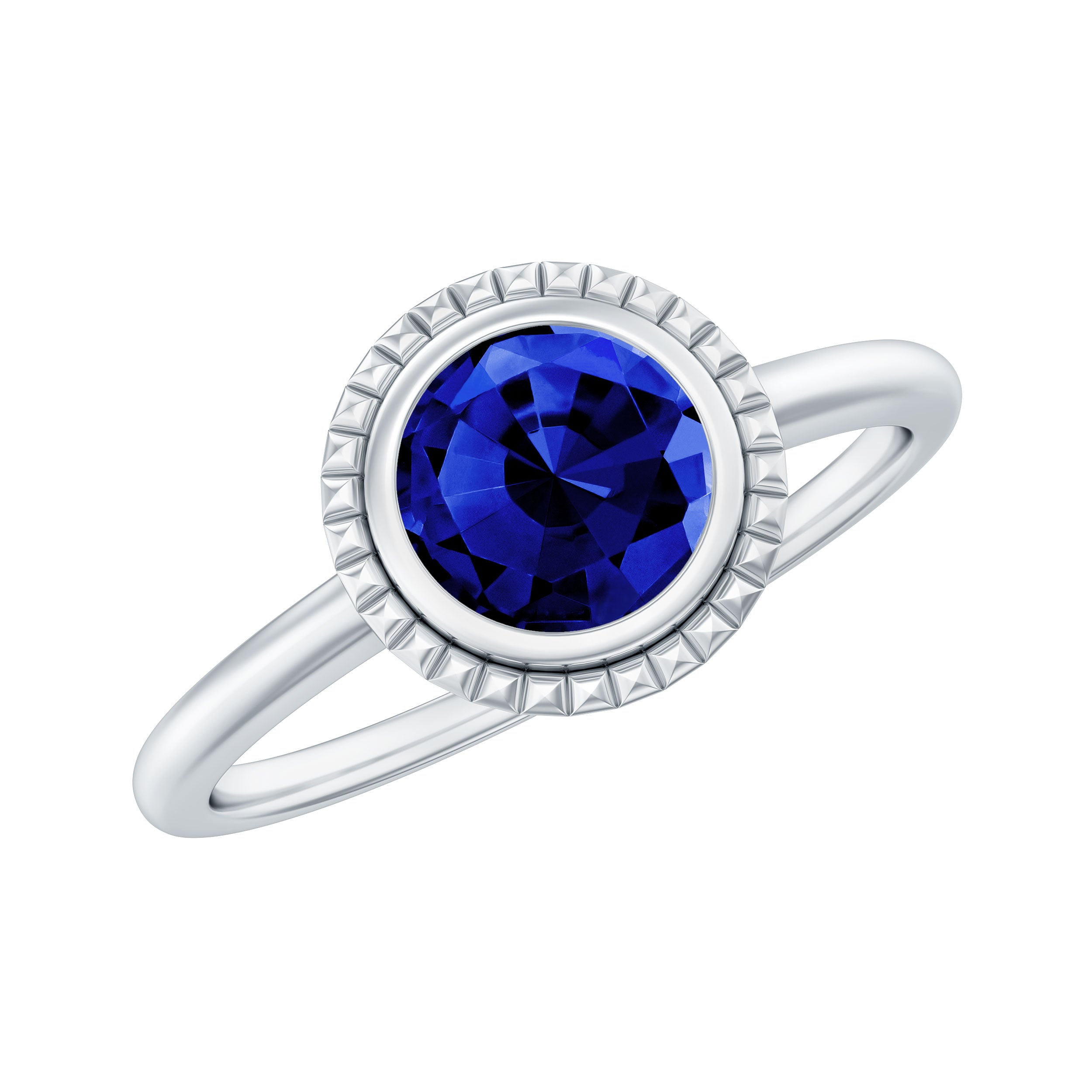 Round Lab-Created Blue Sapphire Solitaire Gold Ring in Bezel Setting