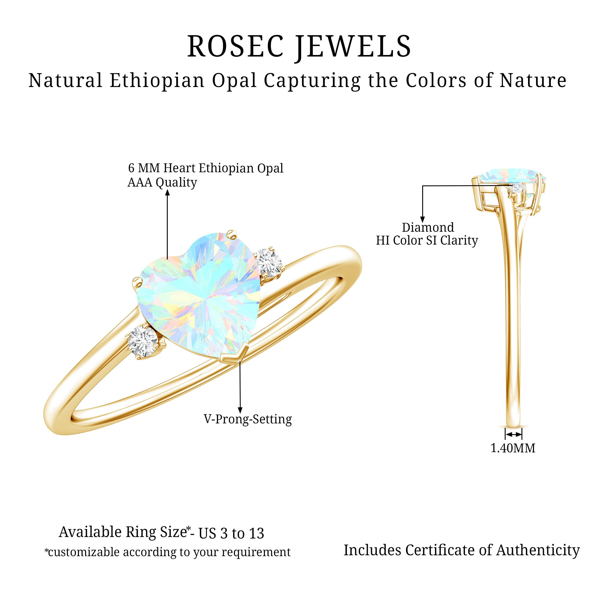Genuine 6mm Ethiopian Opal Diamond Heart Shaped Promise Ring with Bypass Shank AAA - Rosec Jewels