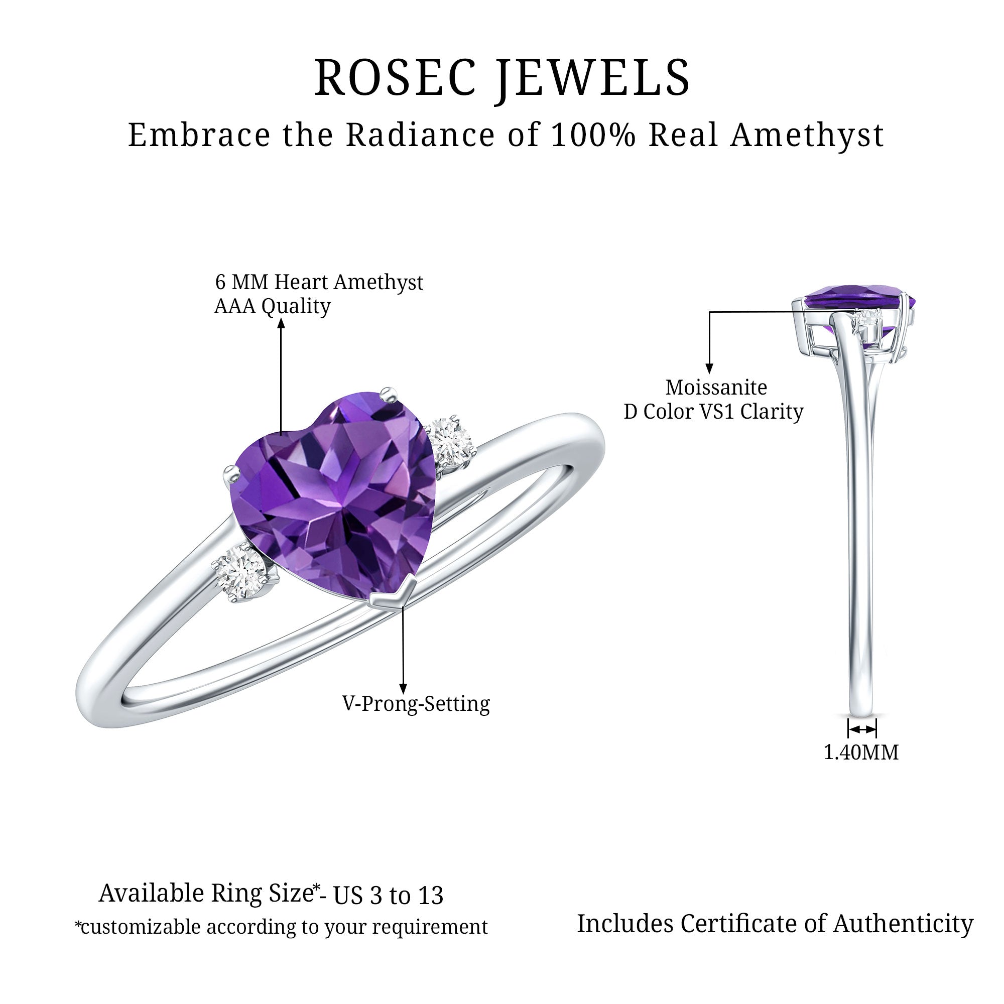 Natural 0.9 Carat Amethyst Heart Engagement Ring with Moissanite AAA - Rosec Jewels