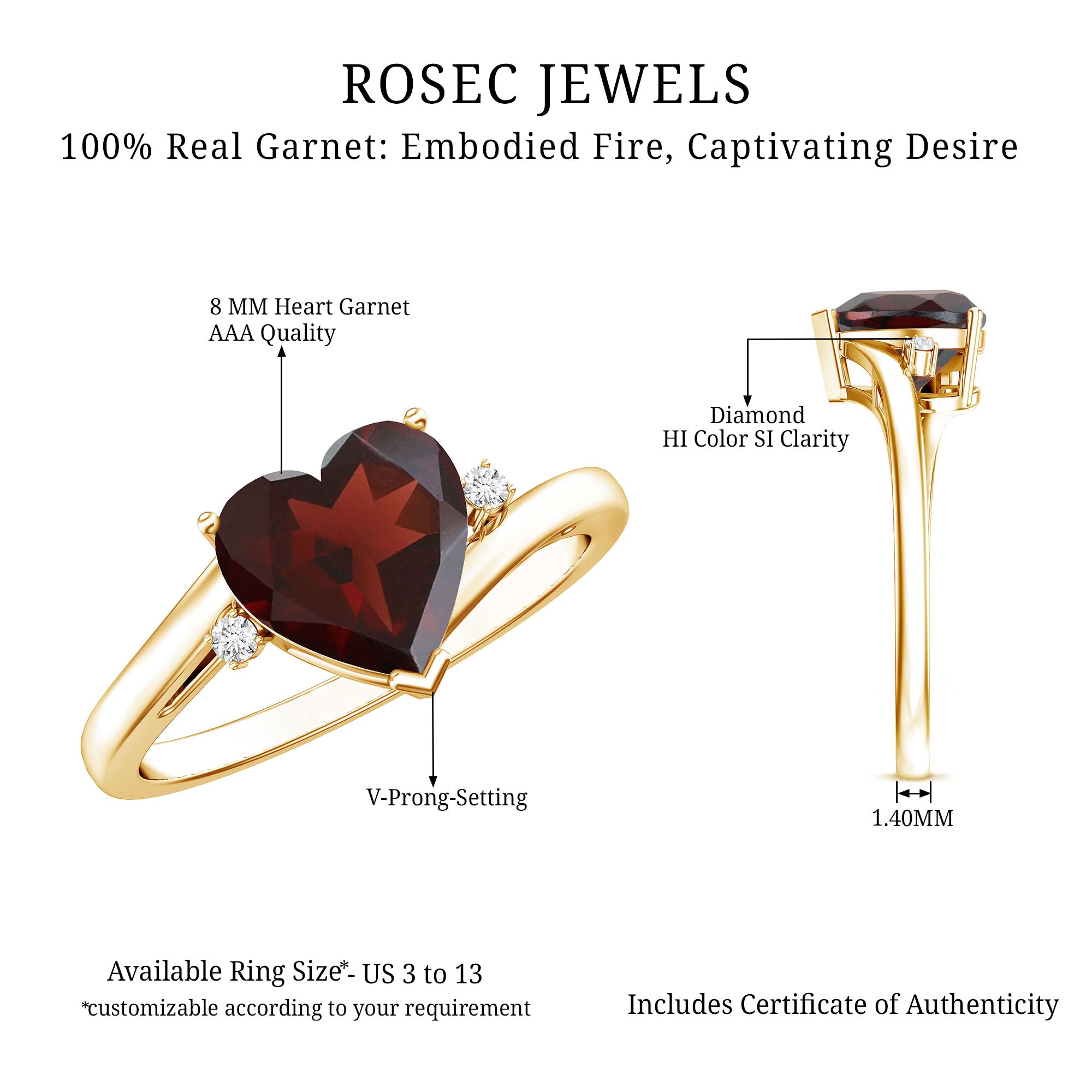 Genuine 8mm Garnet Heart Shaped Engagement Ring with Diamond AAA - Rosec Jewels