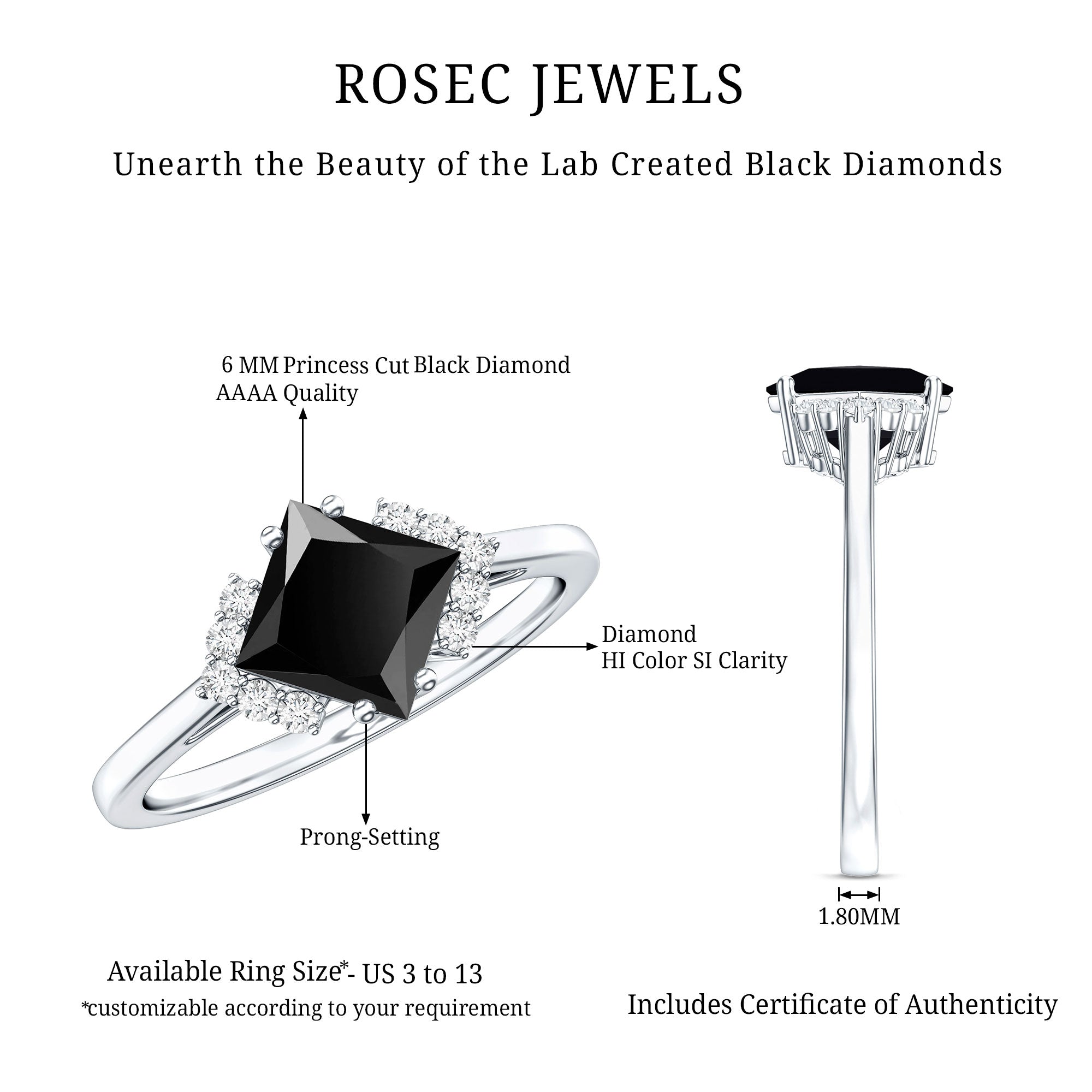 1 Carat Lab Grown Black and White Diamond Princess Cut Engagement Ring AAAA ( Synthetic ) - Rosec Jewels
