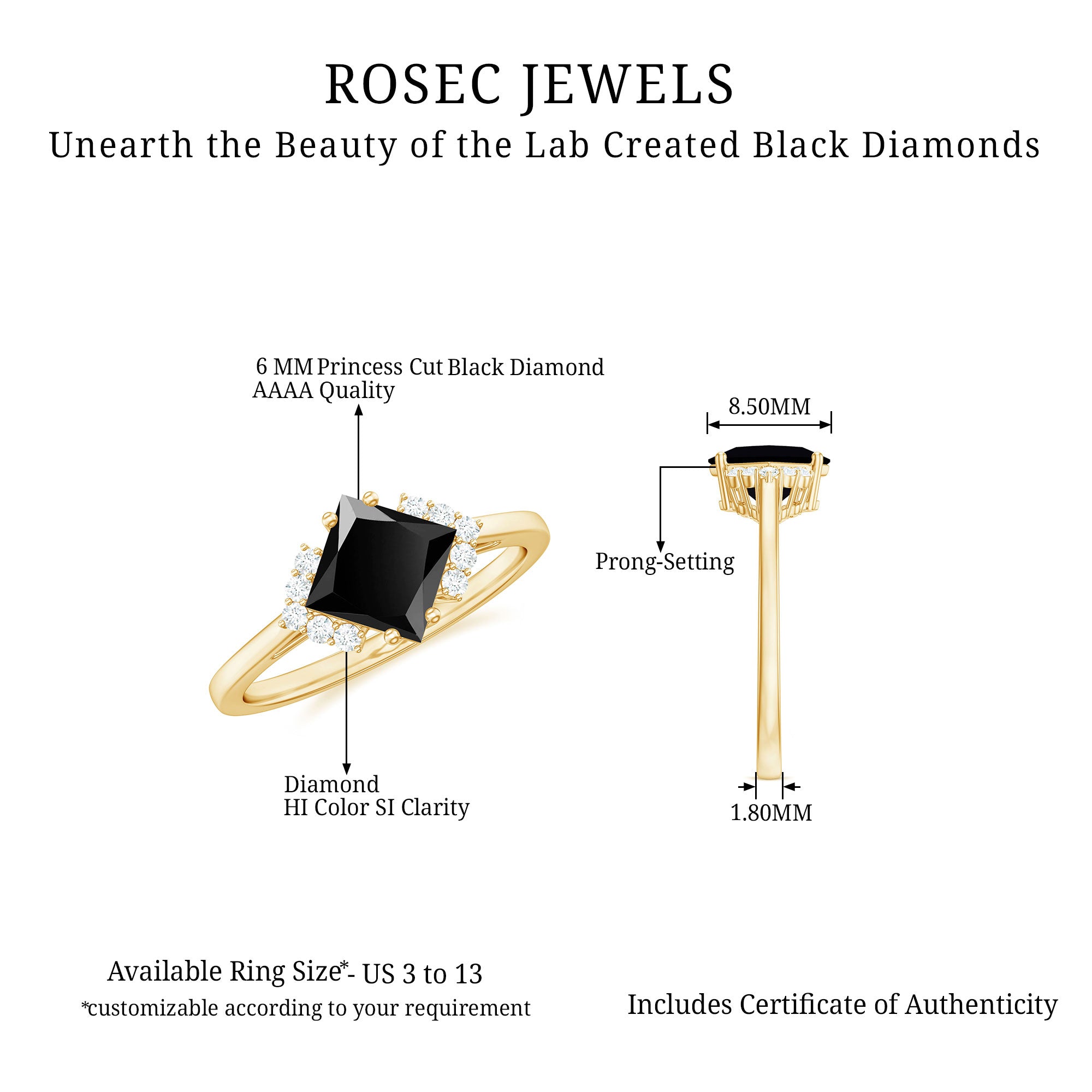 1 Carat Lab Grown Black and White Diamond Princess Cut Engagement Ring AAAA ( Synthetic ) - Rosec Jewels