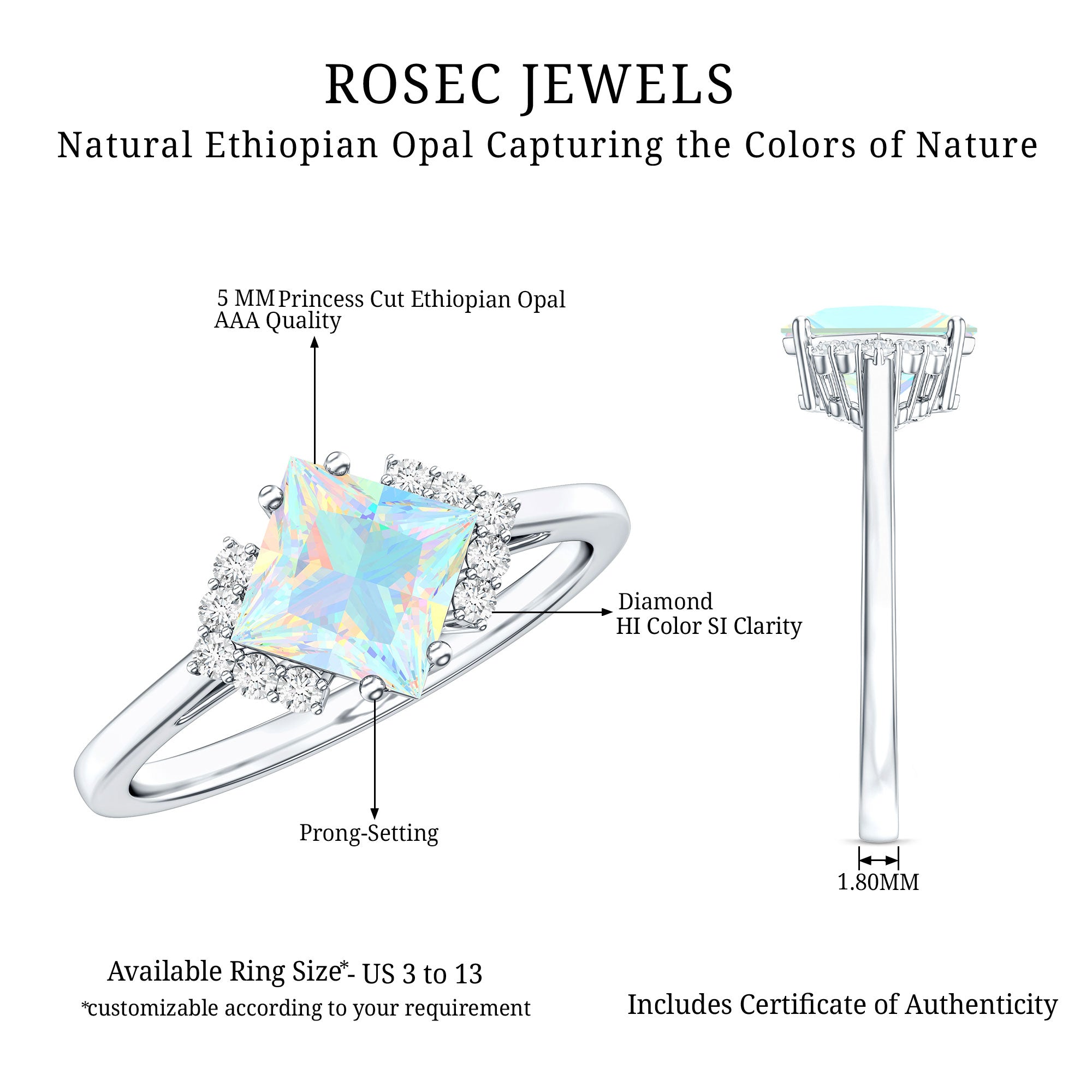 Natural Ethiopian Opal Princess Cut Engagement Ring with Diamond AAA - Rosec Jewels