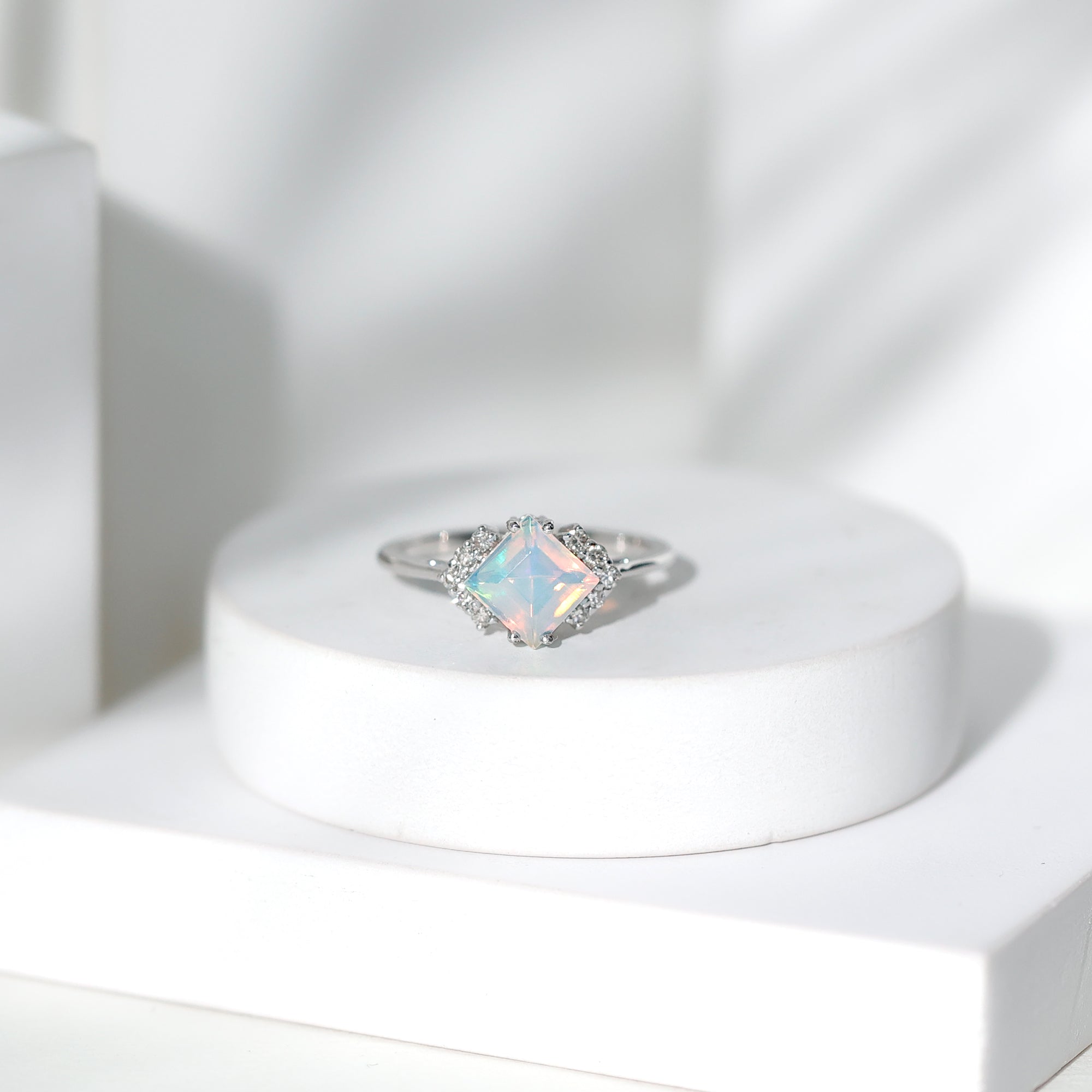 Natural Ethiopian Opal Princess Cut Engagement Ring with Diamond AAA - Rosec Jewels