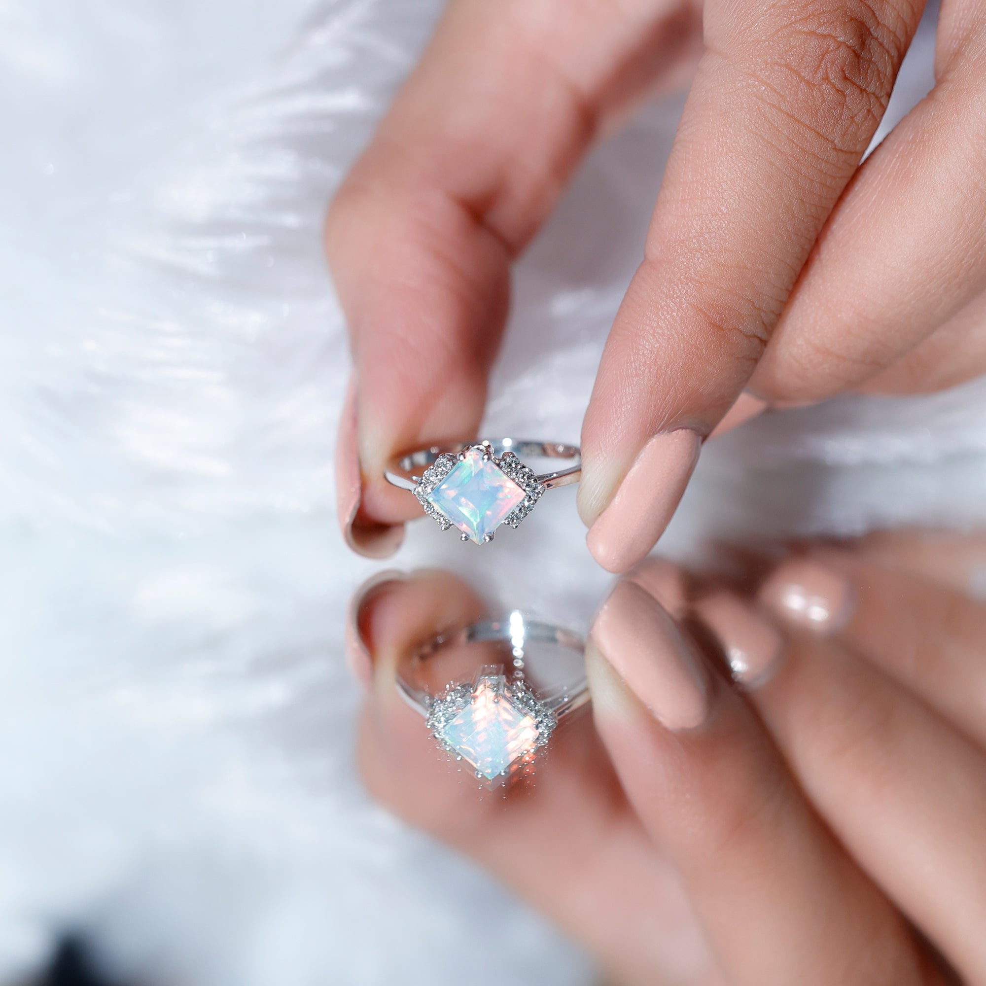 Natural Ethiopian Opal Princess Cut Engagement Ring with Diamond AAA - Rosec Jewels