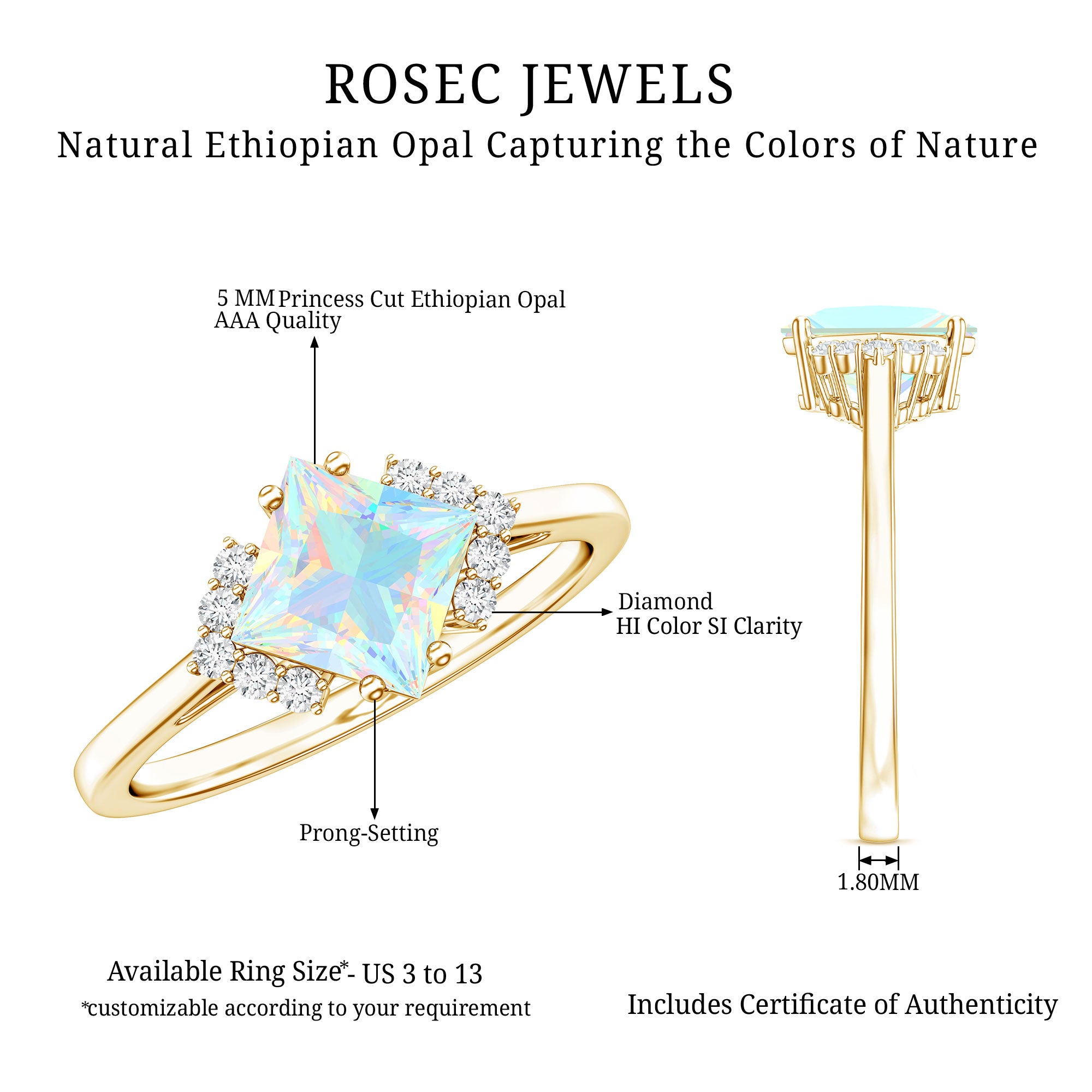 Natural Ethiopian Opal Princess Cut Engagement Ring with Diamond AAA - Rosec Jewels
