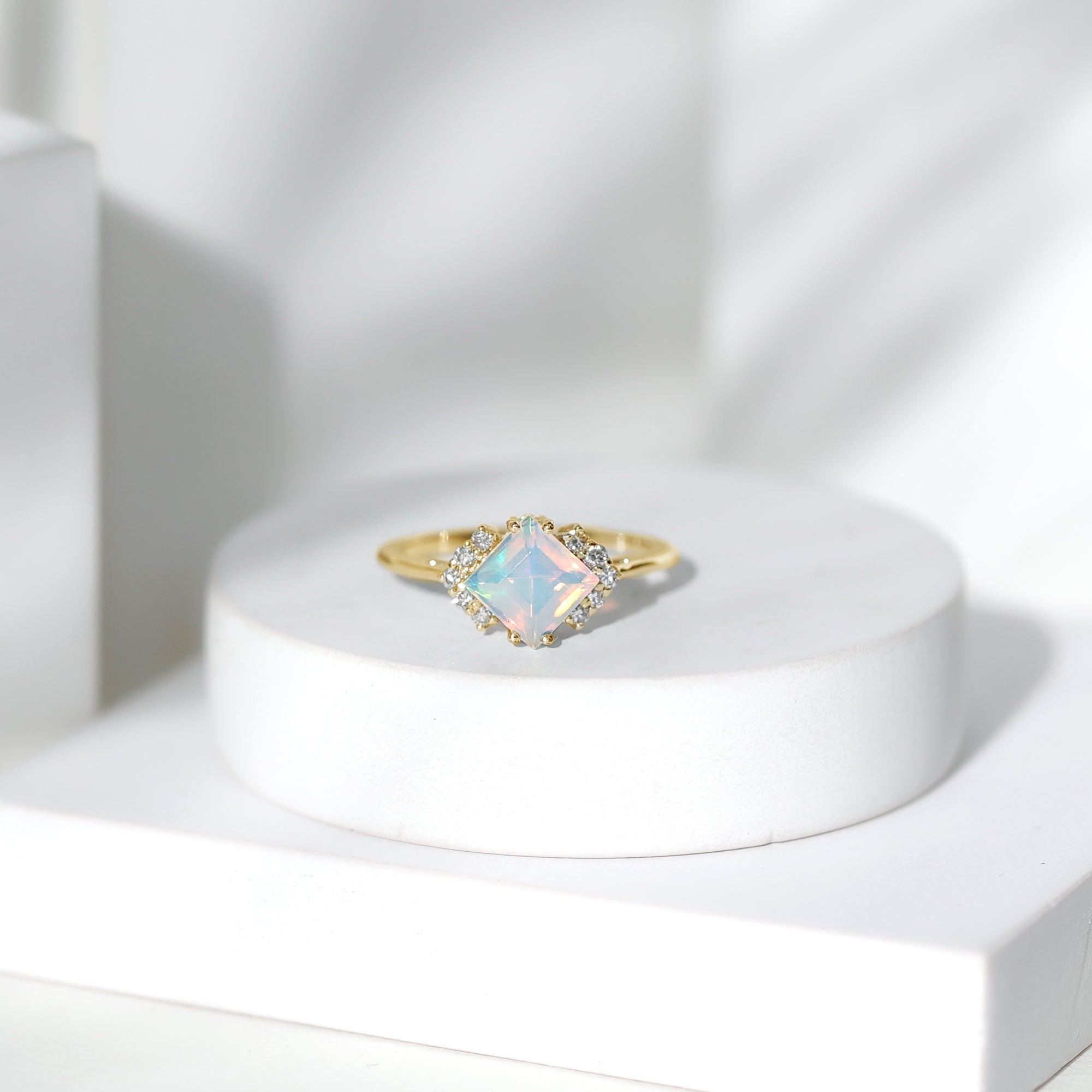 Natural Ethiopian Opal Princess Cut Engagement Ring with Diamond AAA - Rosec Jewels