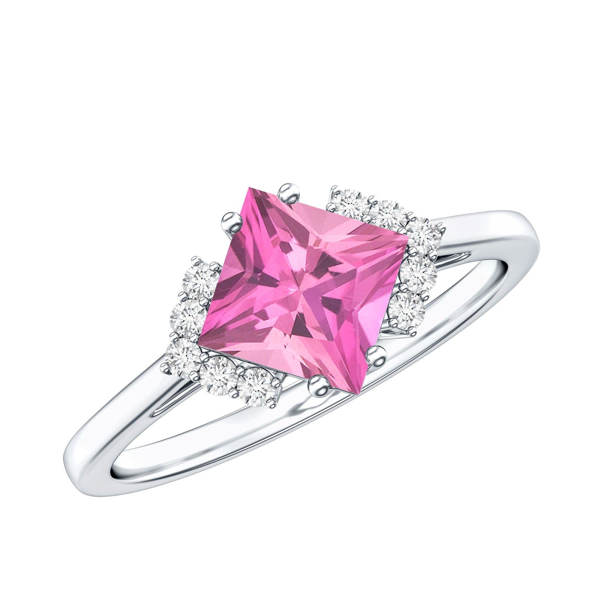 Princess Cut Pink Tourmaline Engagement Ring with Diamond Accent AAA - Rosec Jewels