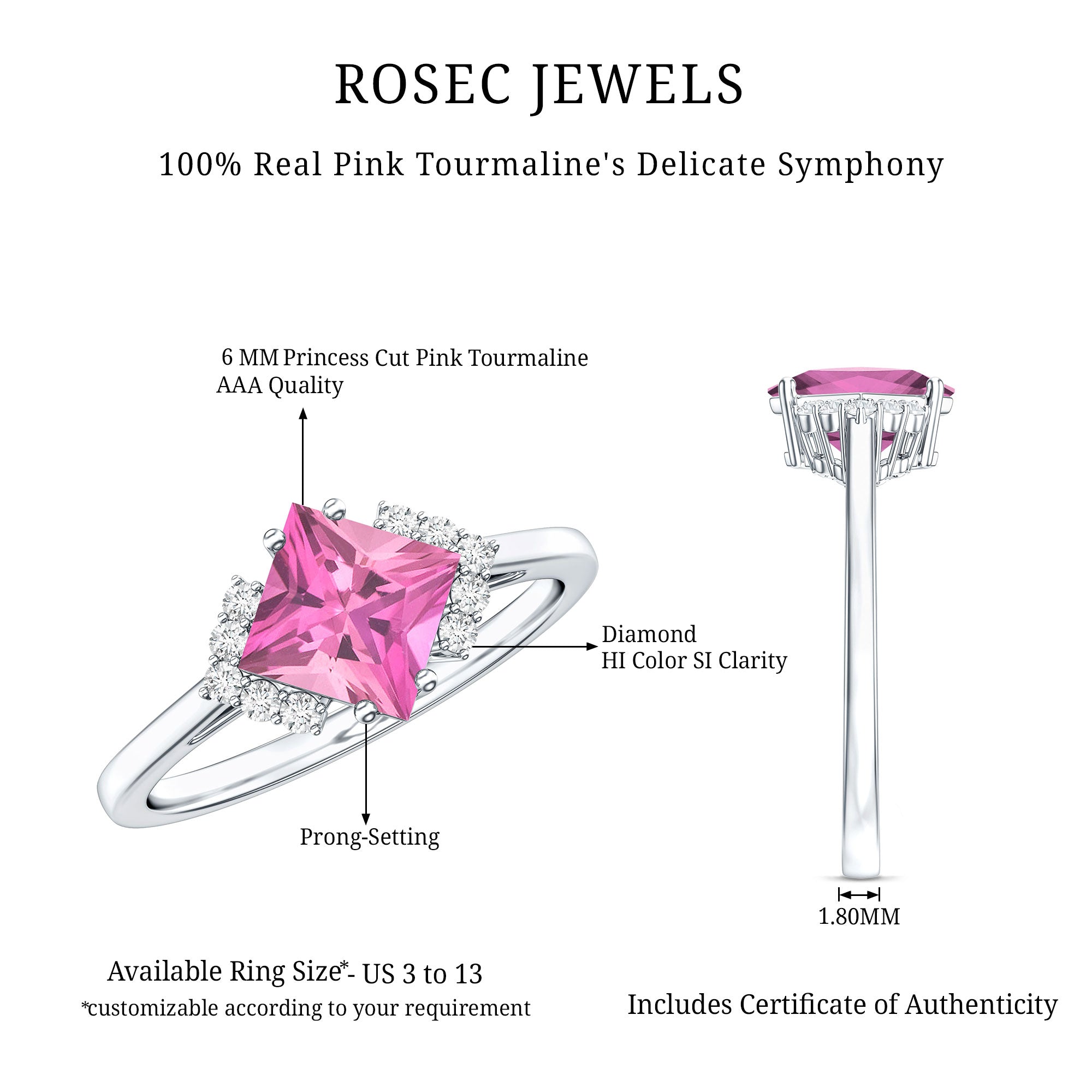 Princess Cut Pink Tourmaline Engagement Ring with Diamond Accent AAA - Rosec Jewels