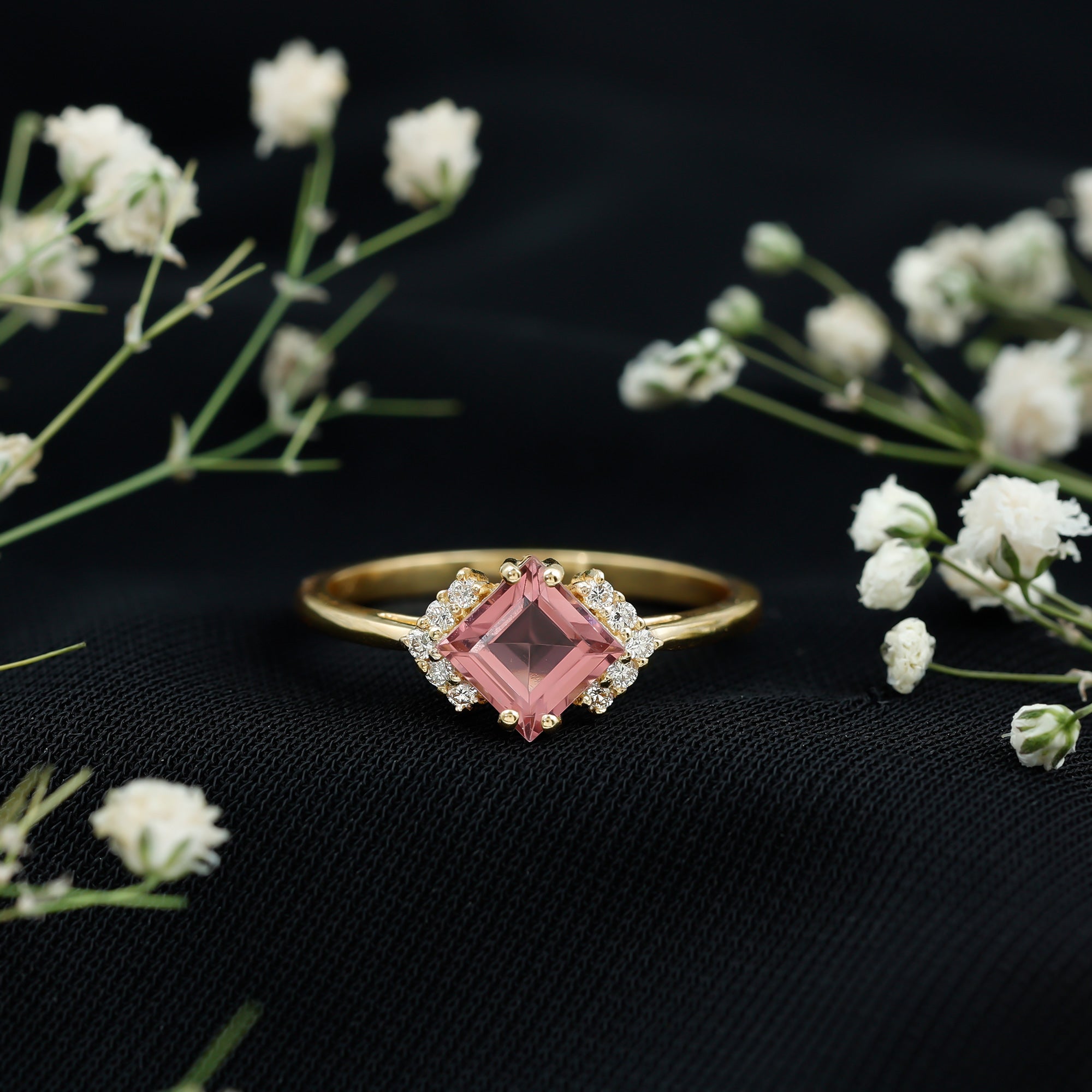 Princess Cut Pink Tourmaline Engagement Ring with Diamond Accent AAA - Rosec Jewels