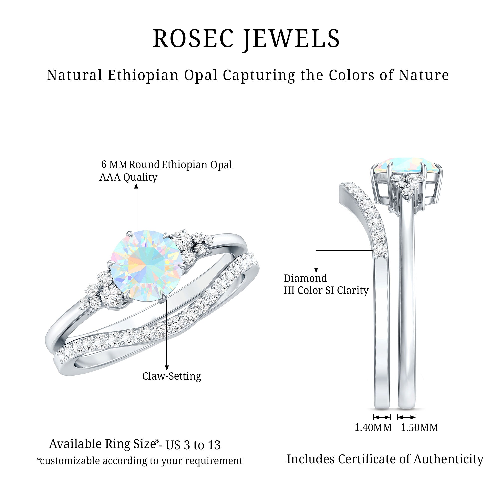 Natural Ethiopian Opal Diamond Wedding Bridal Ring Set of 2 AAA - Rosec Jewels