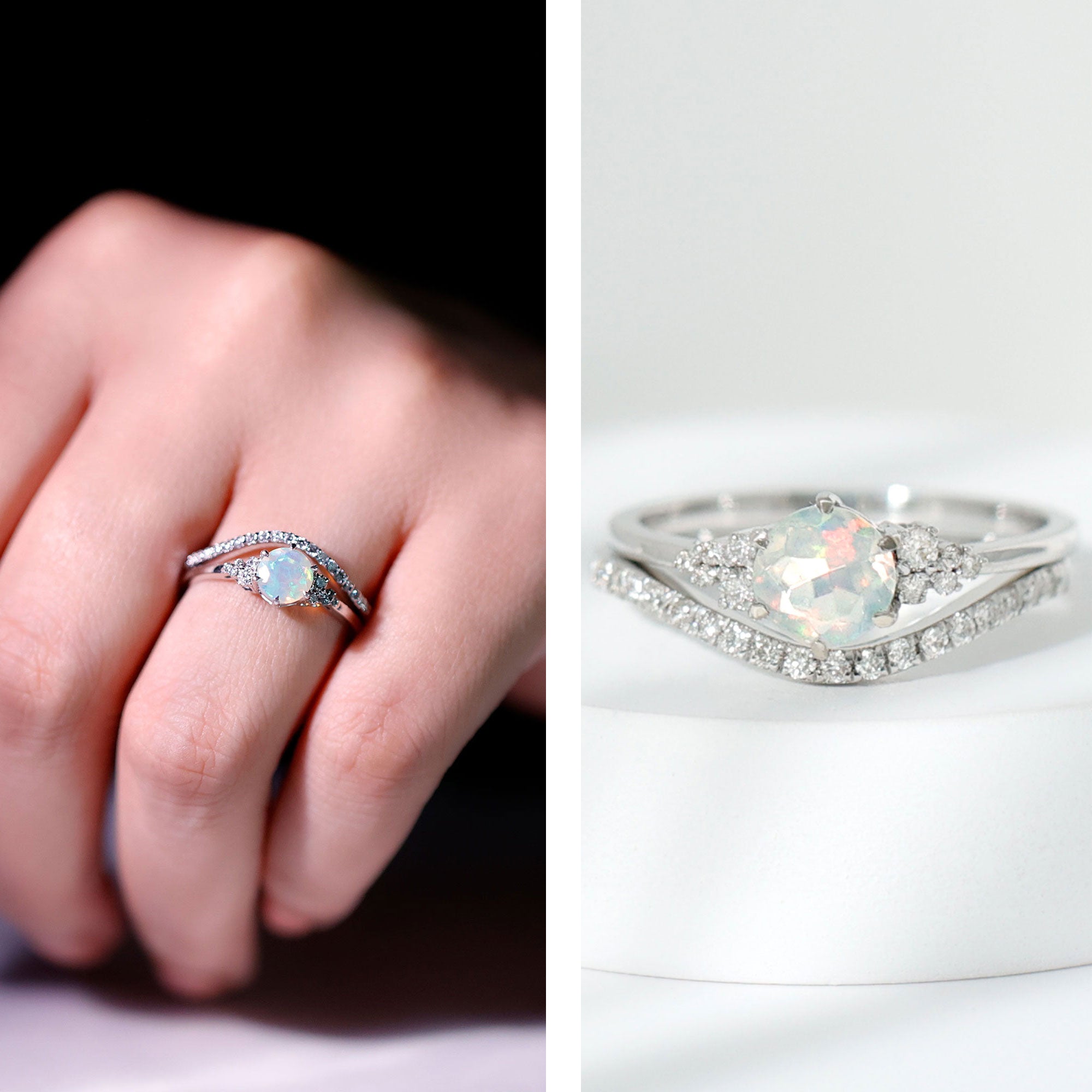 Natural Ethiopian Opal Diamond Wedding Bridal Ring Set of 2 AAA - Rosec Jewels