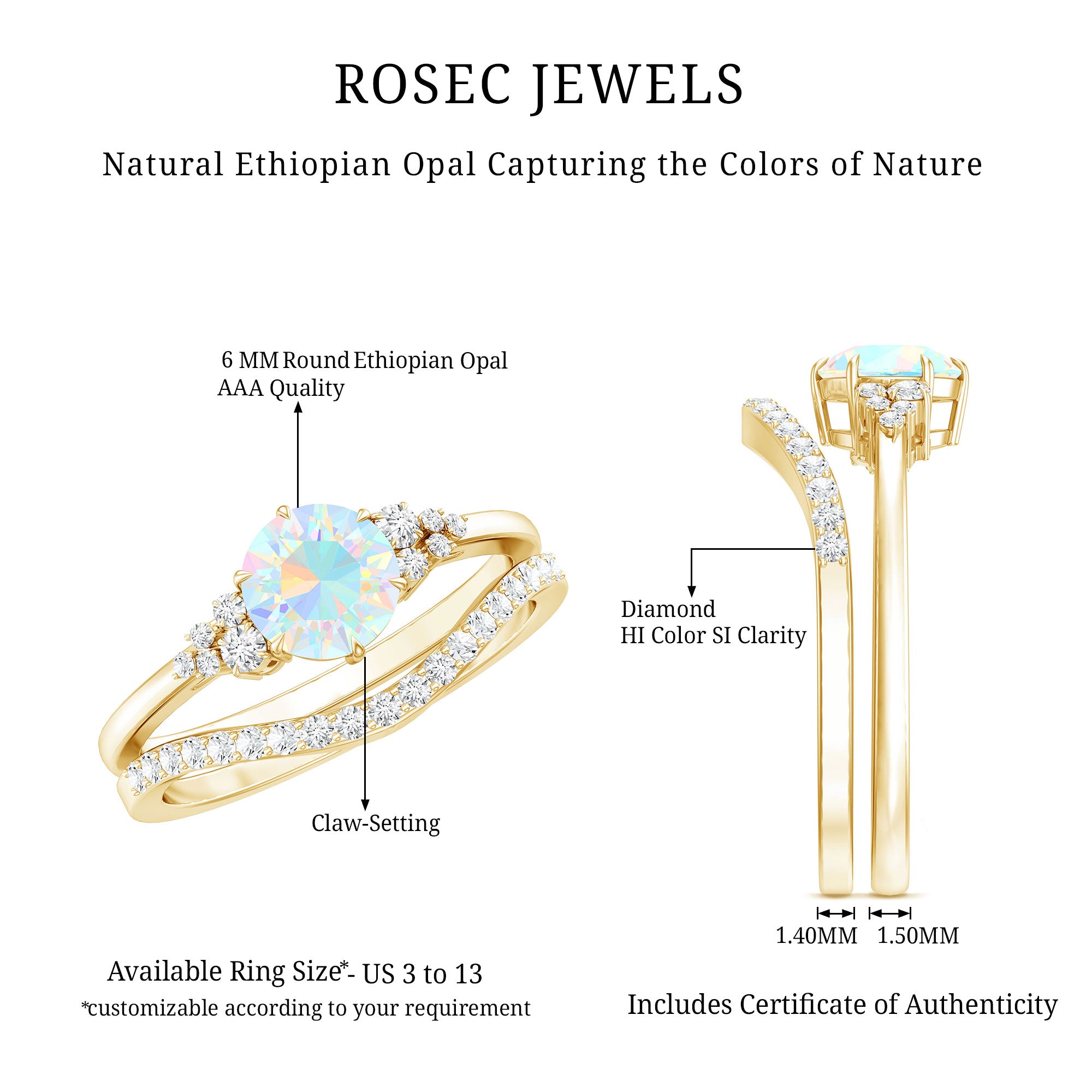 Natural Ethiopian Opal Diamond Wedding Bridal Ring Set of 2 AAA - Rosec Jewels