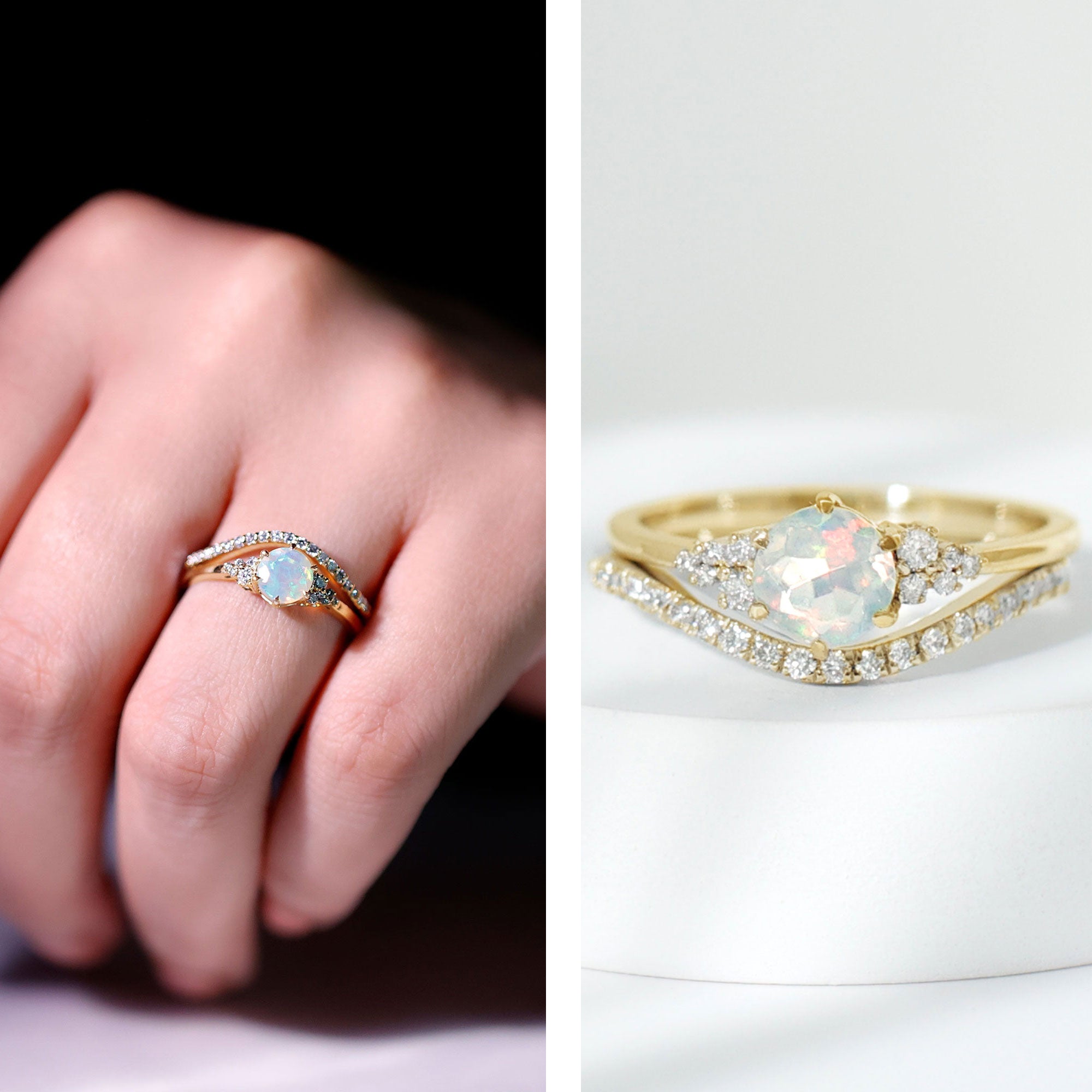 Natural Ethiopian Opal Diamond Wedding Bridal Ring Set of 2 AAA - Rosec Jewels