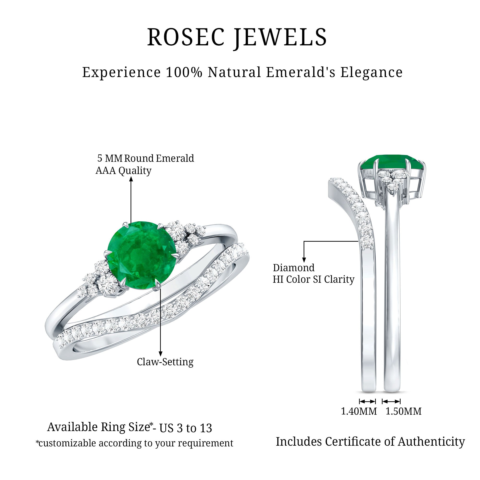 Natural Emerald Diamond Wedding Bridal Ring Set of 2 AAA - Rosec Jewels