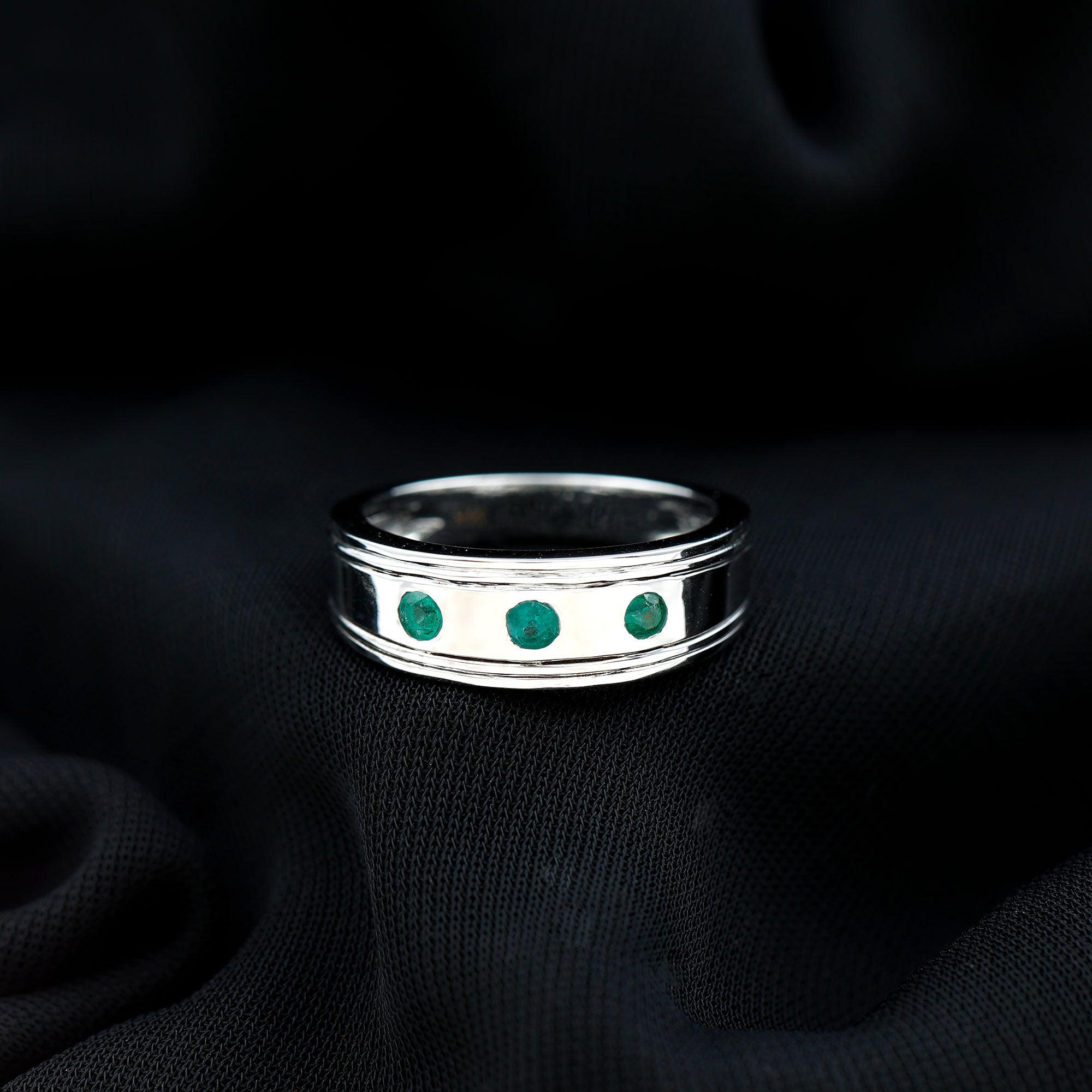 Emerald Minimal Band Ring in Gypsy Setting AAA - Rosec Jewels