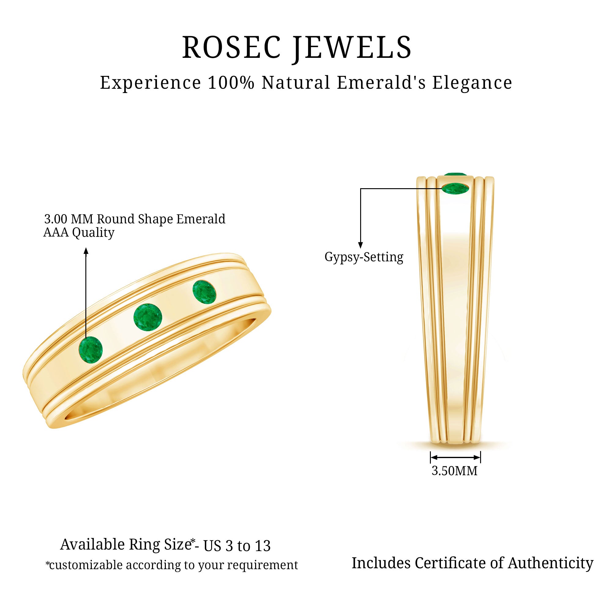 Emerald Minimal Band Ring in Gypsy Setting AAA - Rosec Jewels